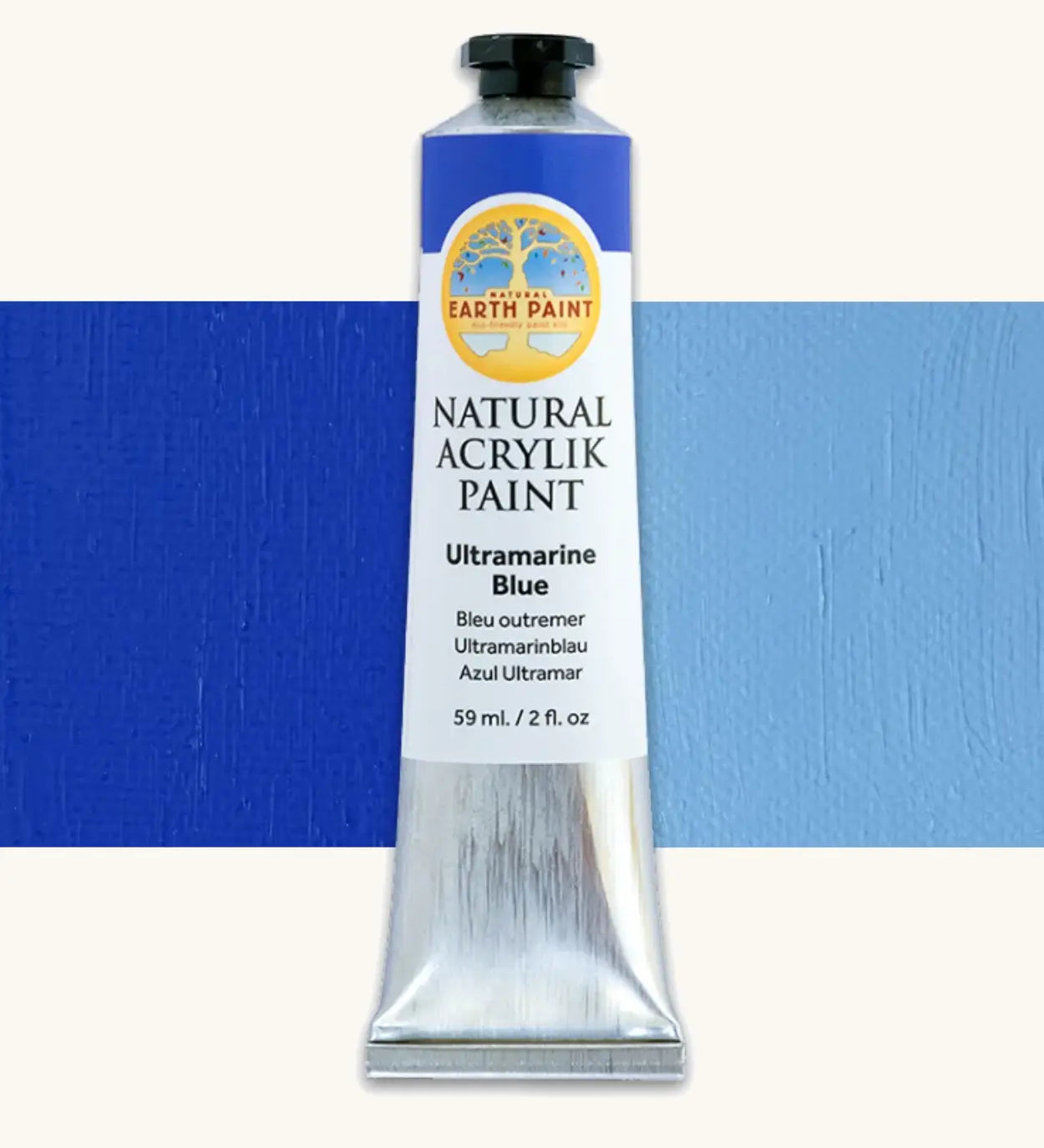 Natural Earth Paint ultramarine blue natural acrylic paint in a 59ml aluminium tube and closed with a black screw cap.
