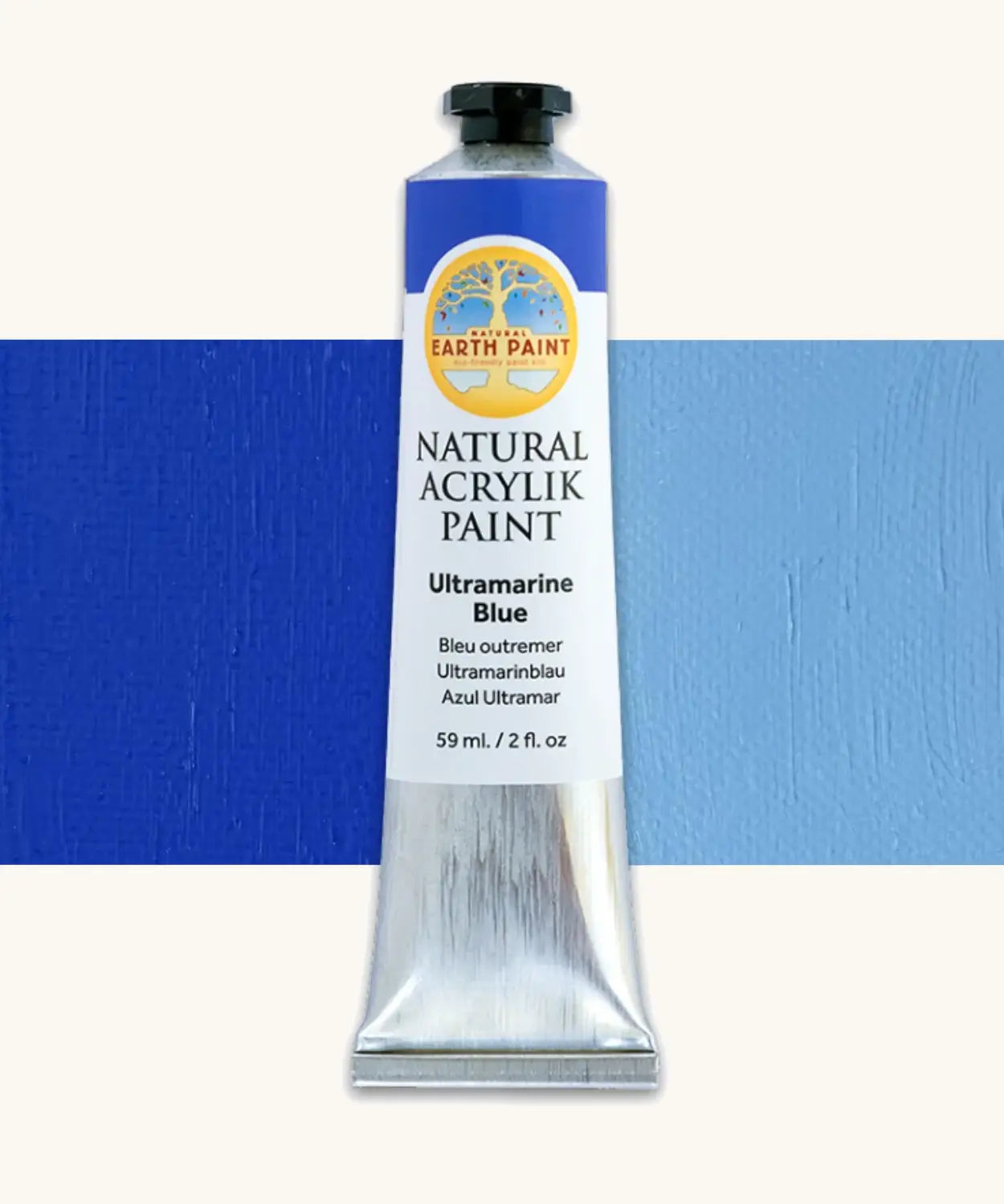 Natural Earth Paint ultramarine blue natural acrylic paint in a 59ml aluminium tube and closed with a black screw cap.