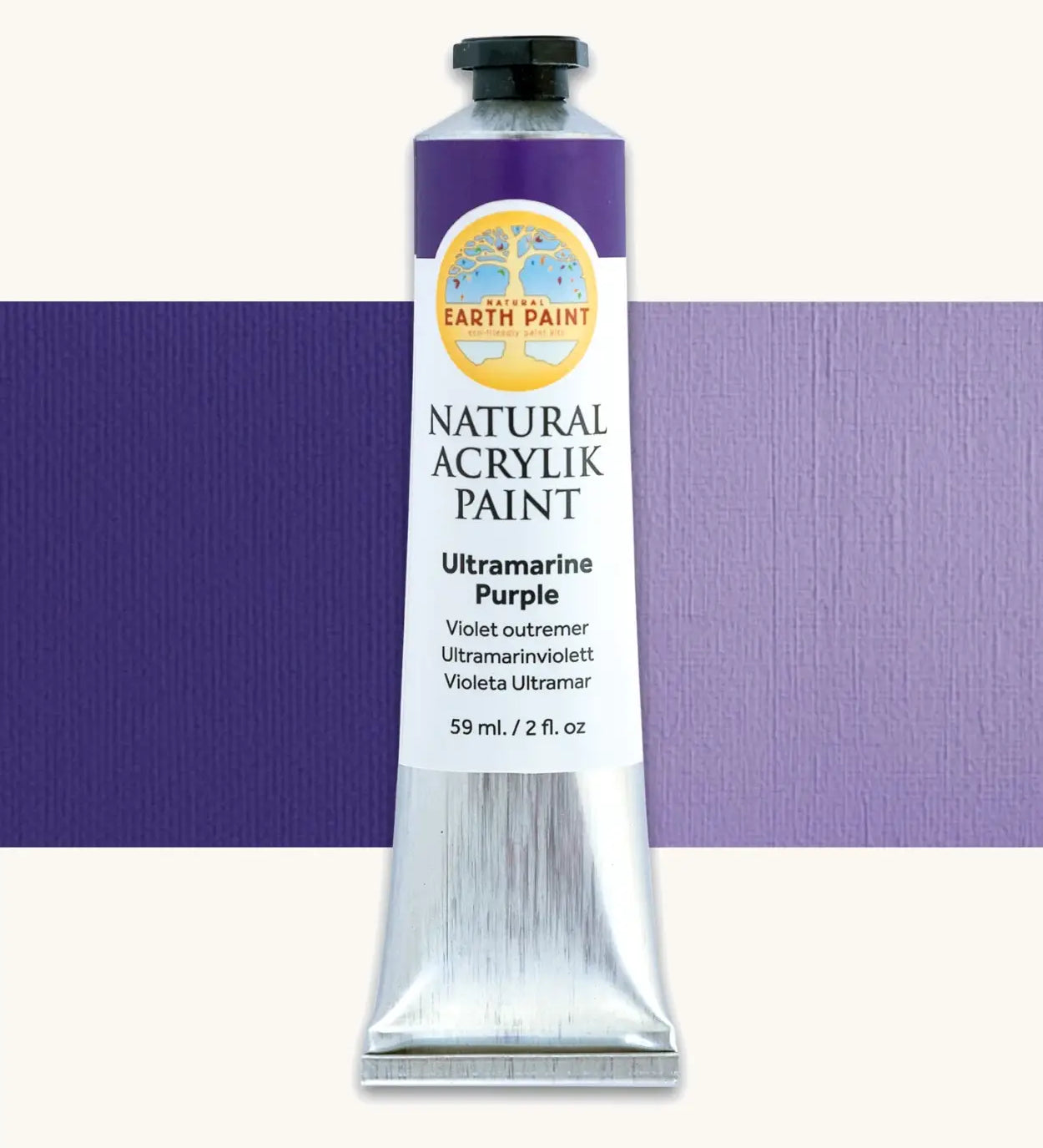 Natural Earth Paint ultramarine purple natural acrylic paint in a 59ml aluminium tube and closed with a black screw cap.