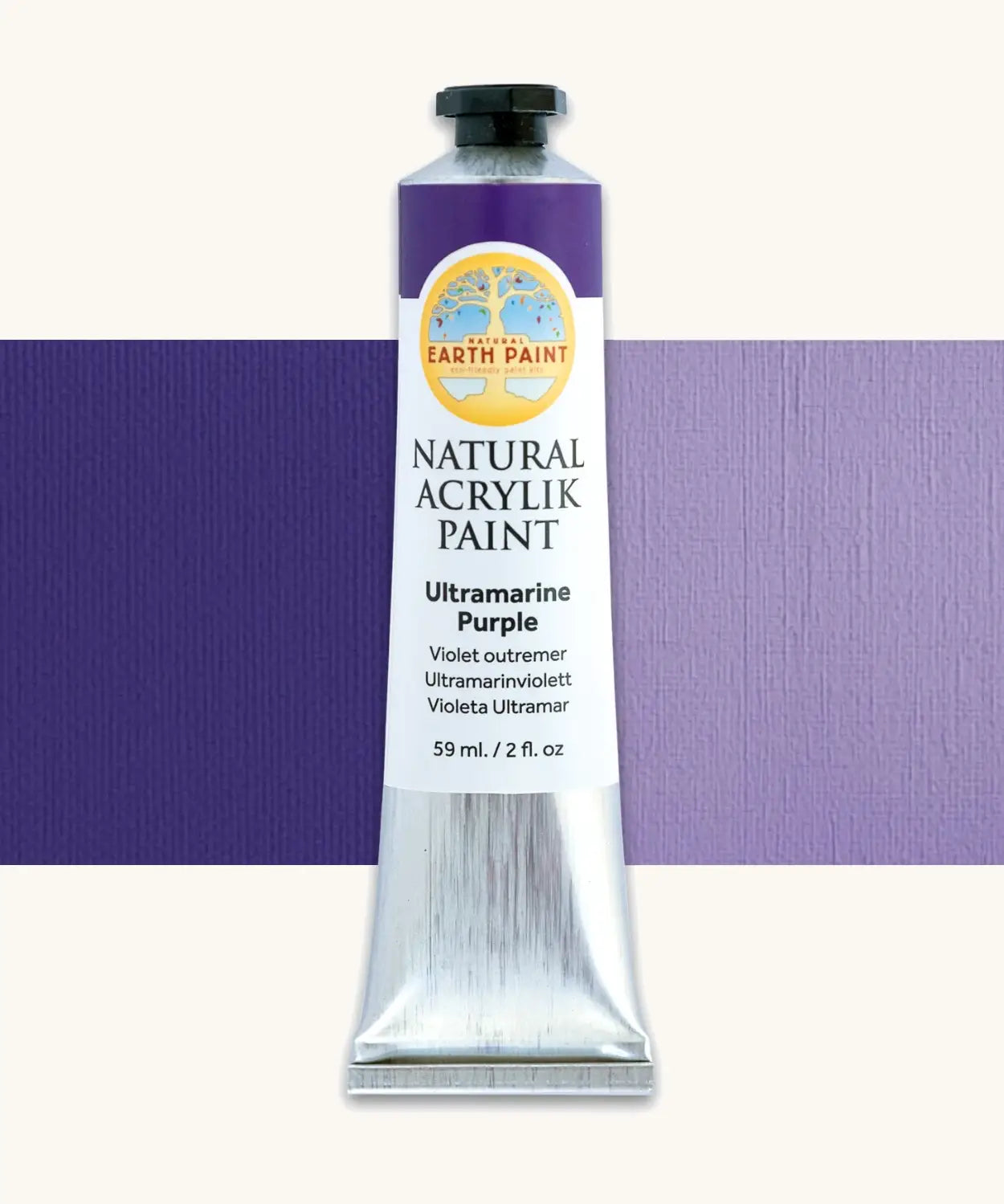 Natural Earth Paint ultramarine purple natural acrylic paint in a 59ml aluminium tube and closed with a black screw cap.