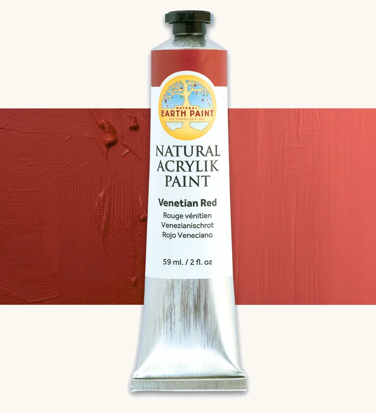 Natural Earth Paint Venetian red natural acrylic paint in a 59ml aluminium tube and closed with a black screw cap.