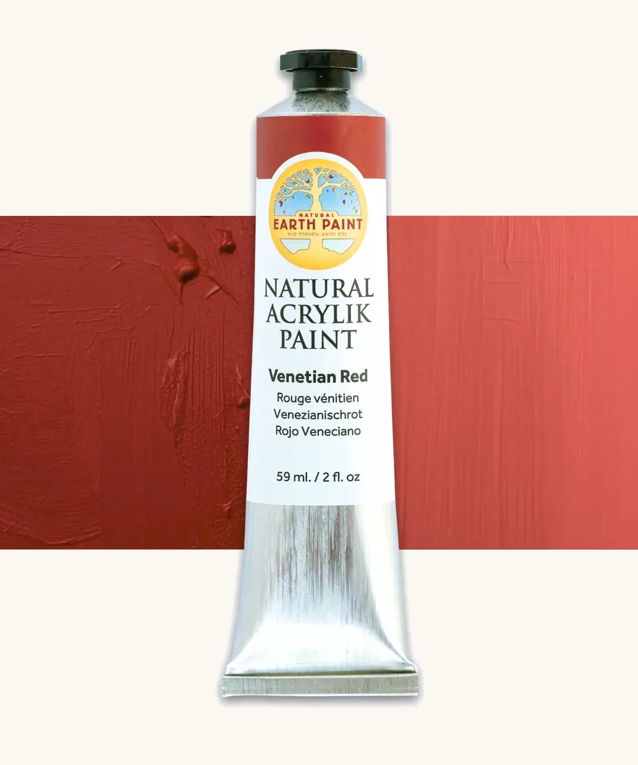 Natural Earth Paint Venetian red natural acrylic paint in a 59ml aluminium tube and closed with a black screw cap.