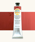 Natural Earth Paint Venetian red natural acrylic paint in a 59ml aluminium tube and closed with a black screw cap.