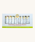 Natural Earth Paint acrylic paint set showing 8 aluminium 2oz tubes inside the paint set packaging. 
