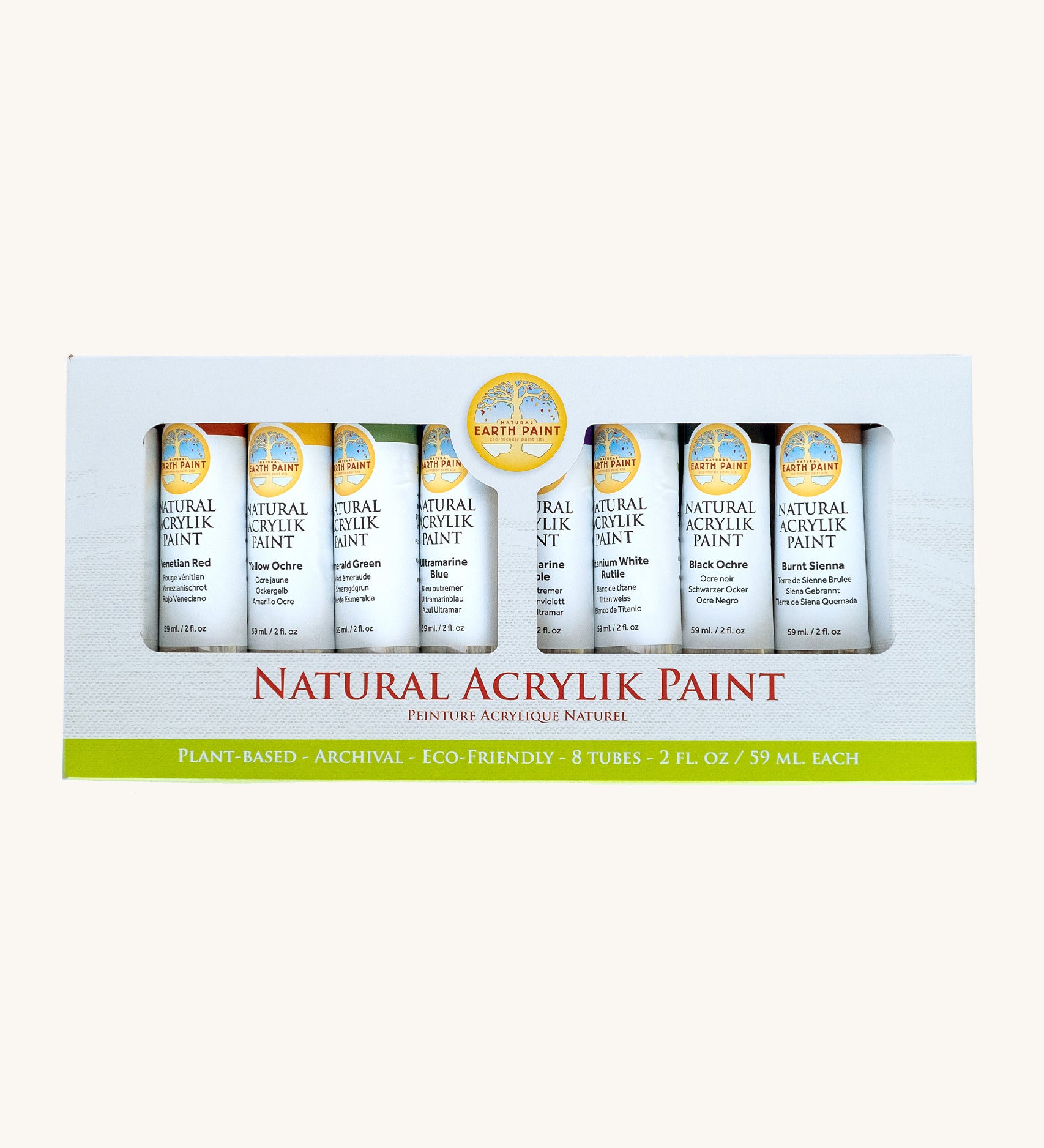 Natural Earth Paint acrylic paint set showing 8 aluminium 2oz tubes inside the paint set packaging. 