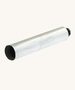 Back view of the blank flexible aluminium tube from Natural Earth Paint. Features a hole to pour the paint inside and pinch to keep the contents inside