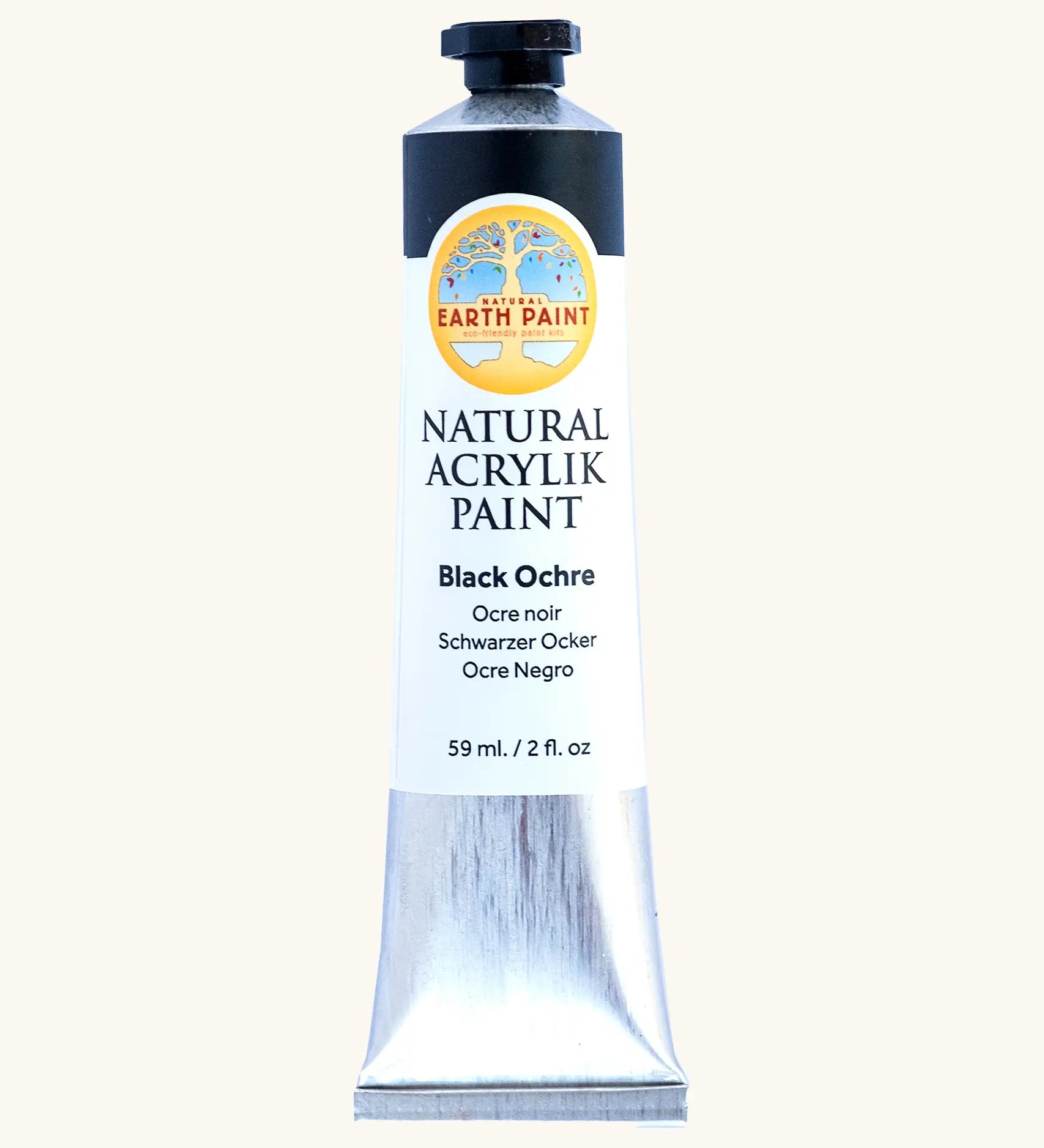 Natural Earth Paint black ochre natural acrylic paint in a 59ml aluminium tube and closed with a black screw cap