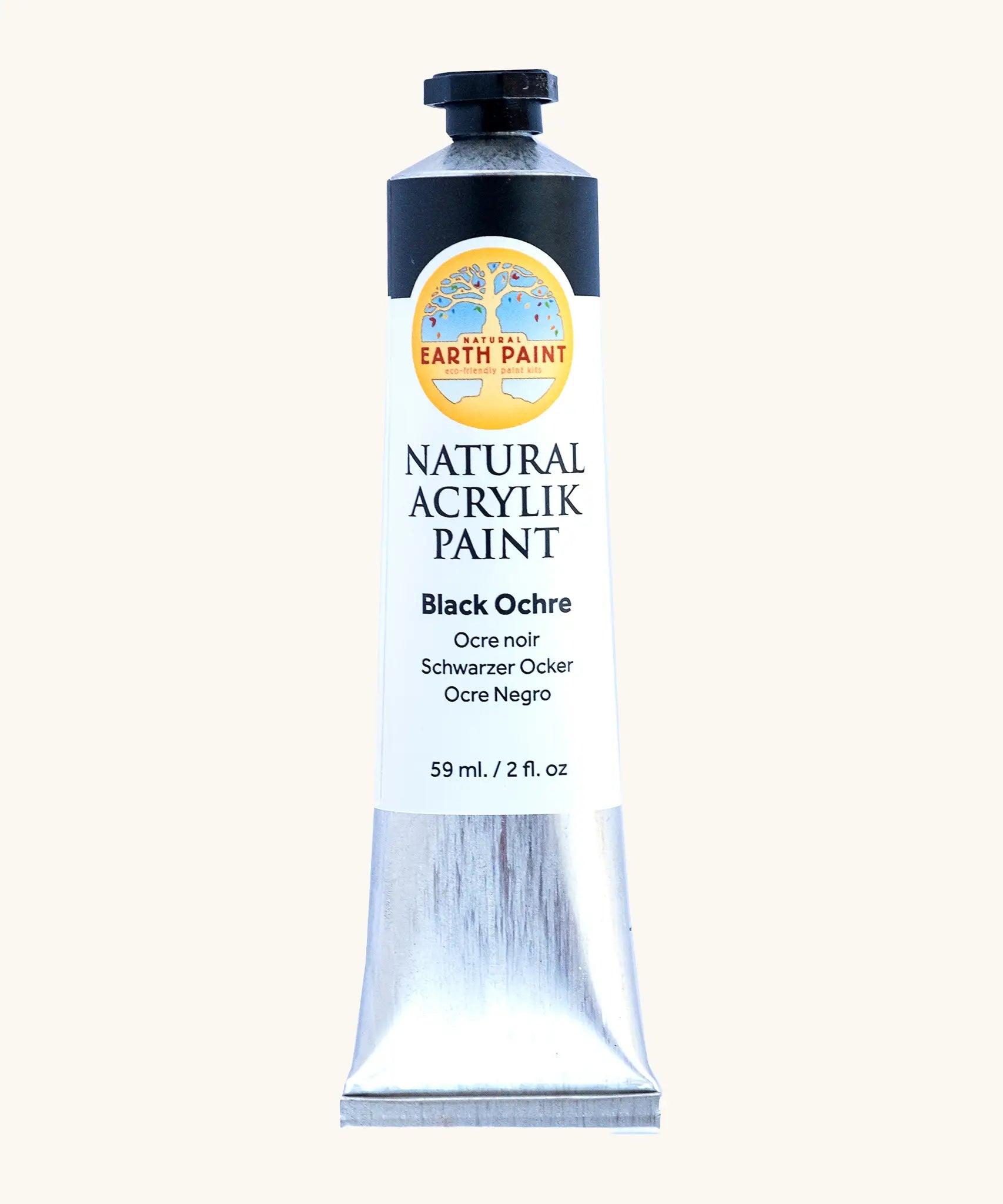 Natural Earth Paint black ochre natural acrylic paint in a 59ml aluminium tube and closed with a black screw cap