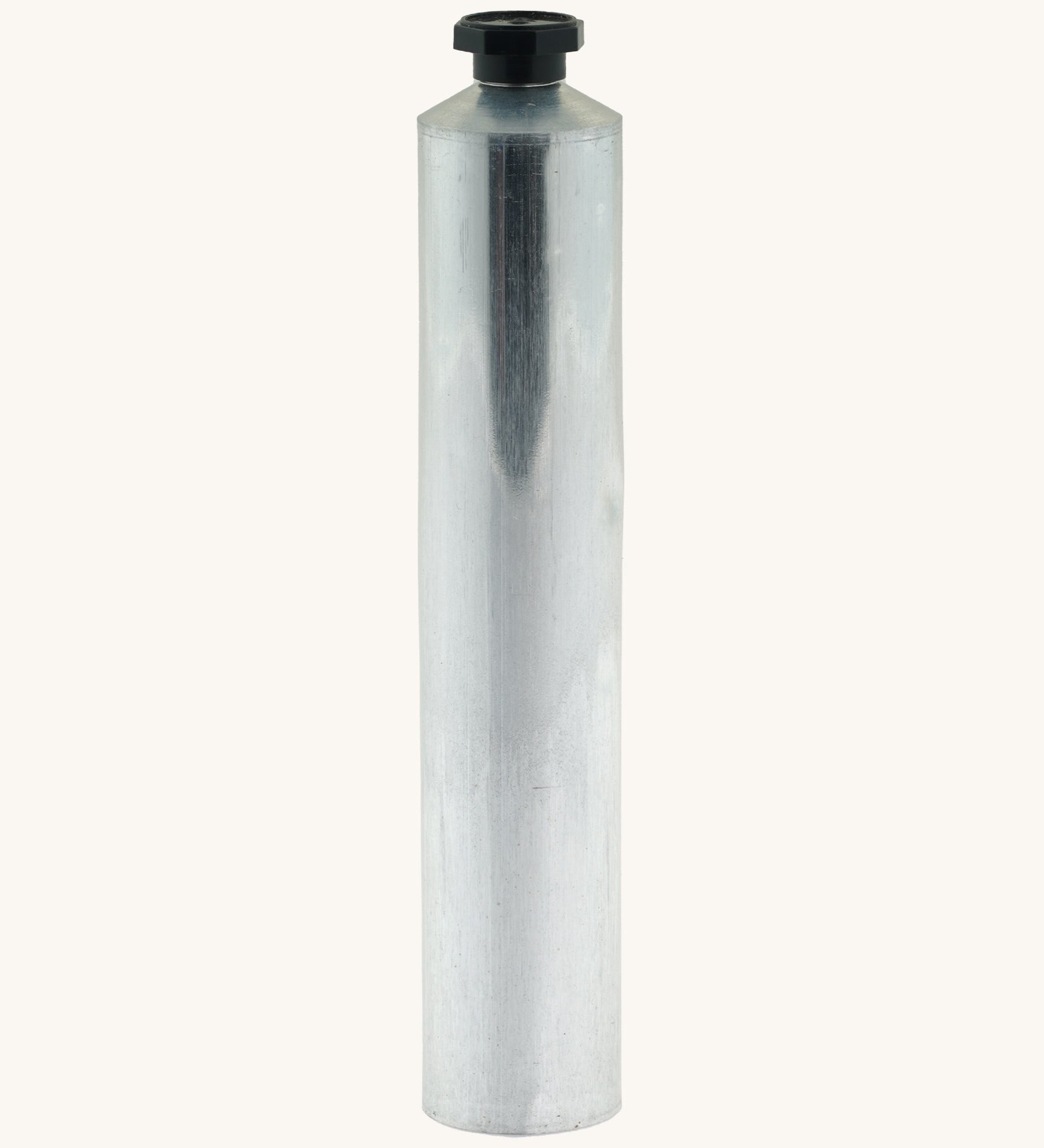 A blank flexible aluminium tube from Natural Earth Paint standing upright. Features a black screw cap to keep the contents inside the tube