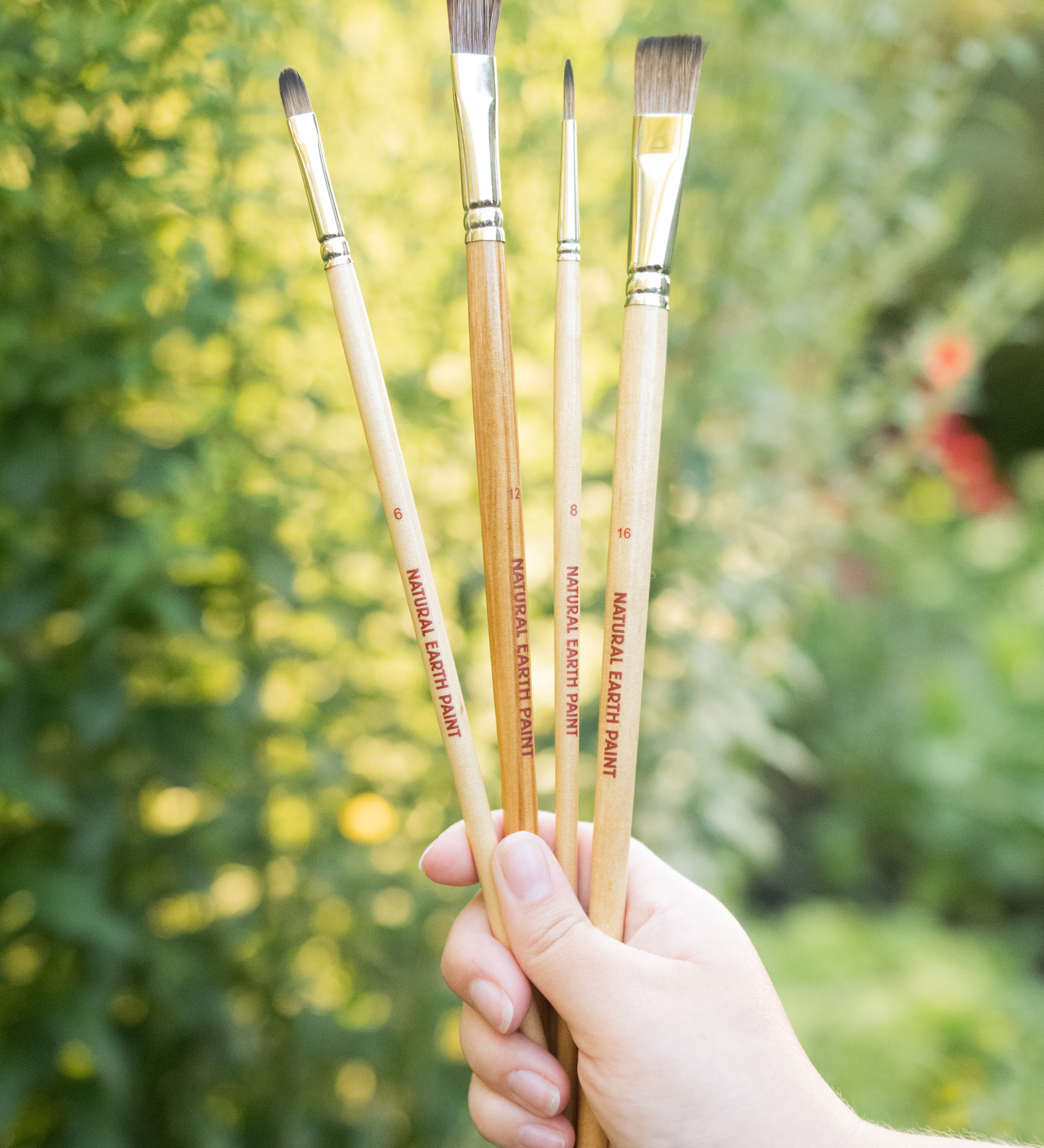 A adult hand holding 4 Natural Earth Paint eco paint brushes 