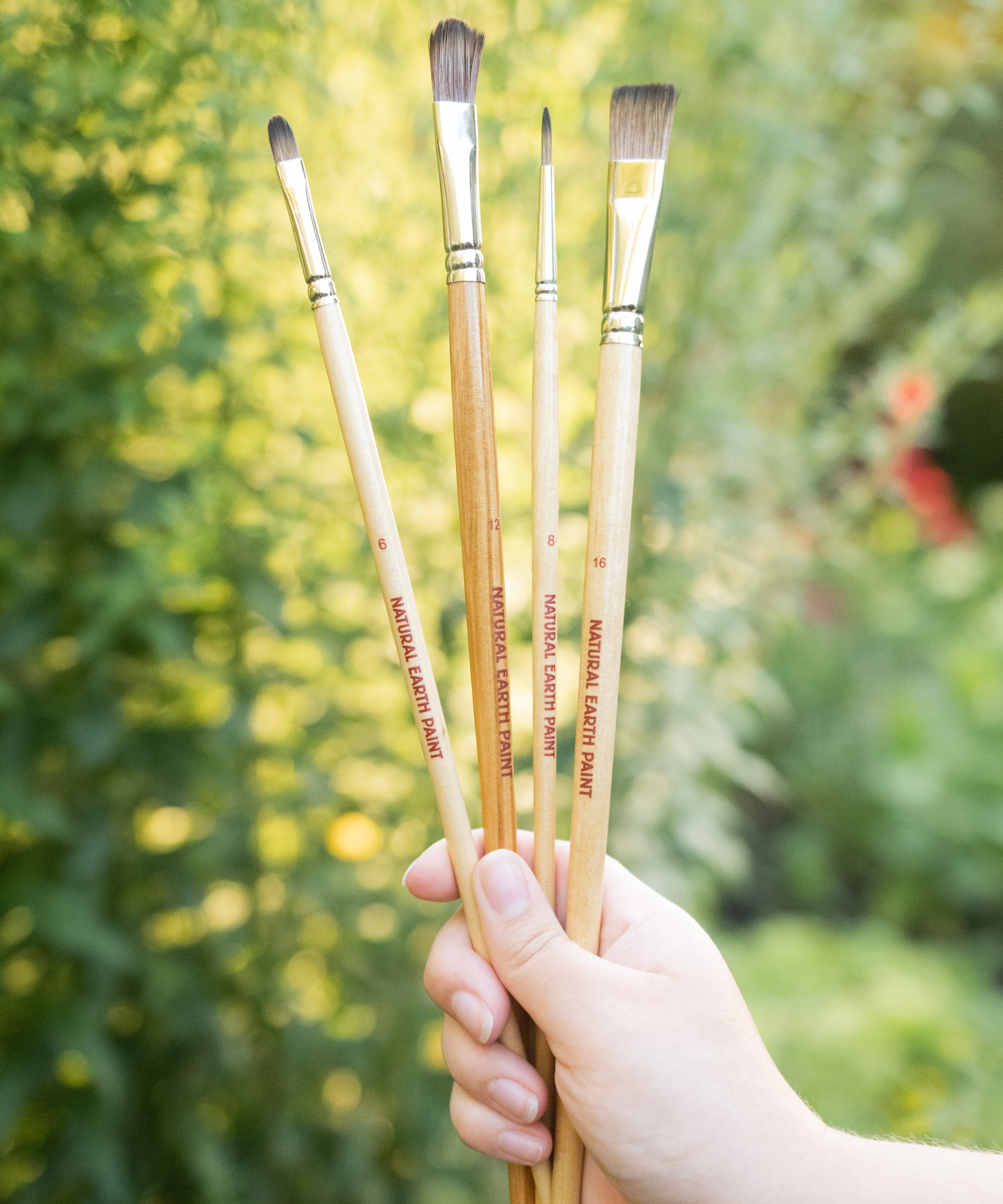 A adult hand holding 4 Natural Earth Paint eco paint brushes 