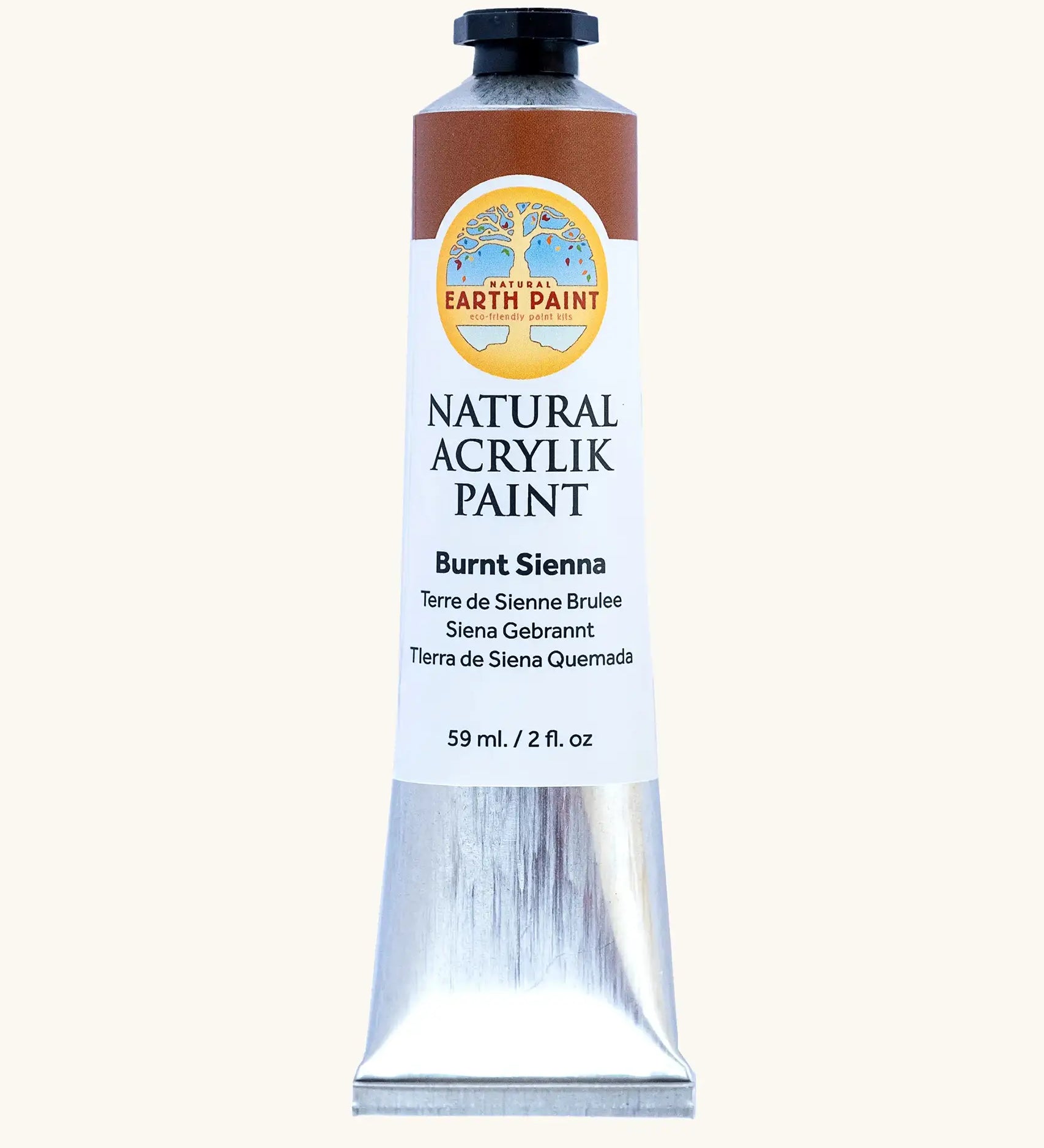 Natural Earth Paint burn sienna brown natural acrylic paint in a 59ml aluminium tube and closed with a black screw cap