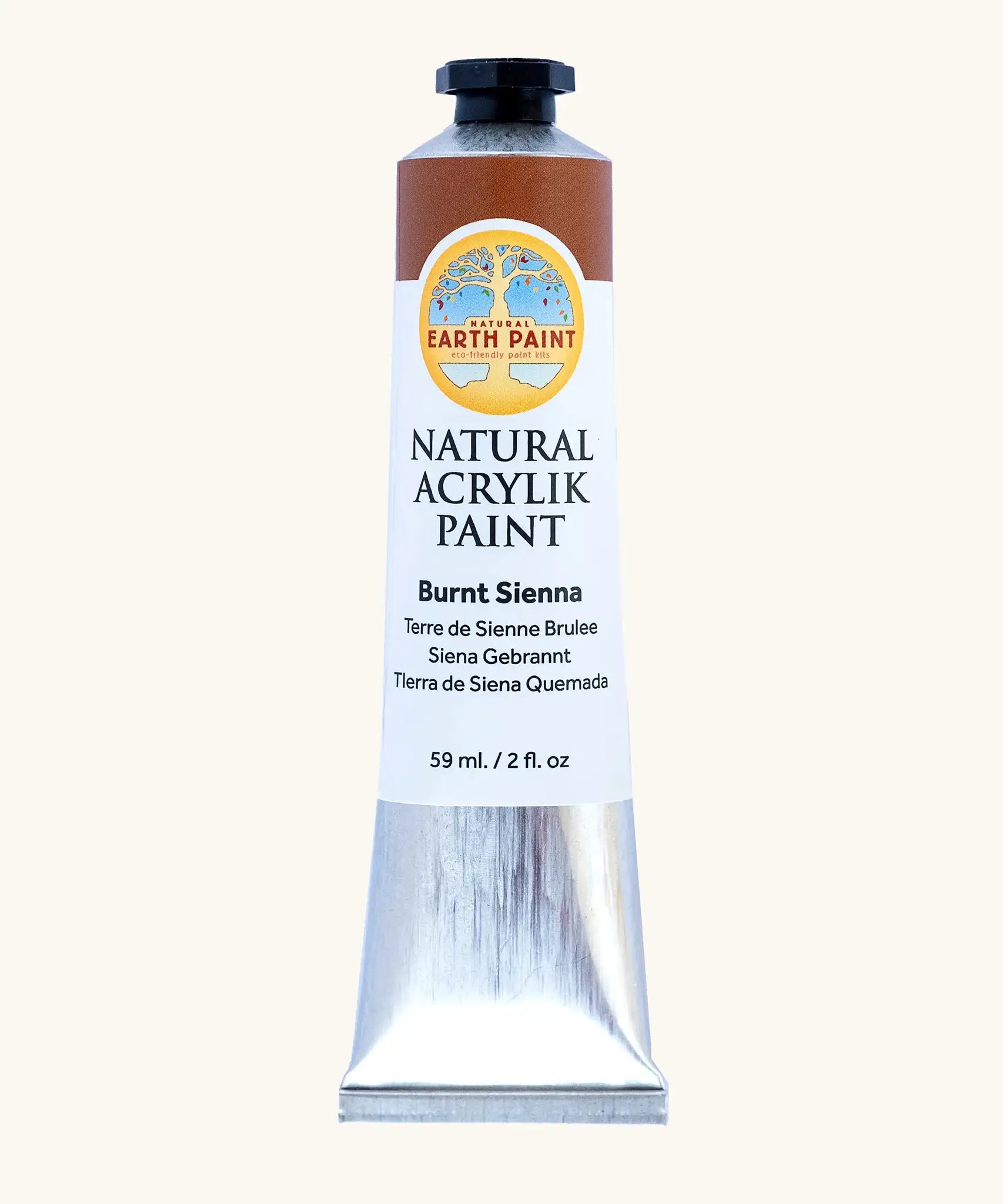Natural Earth Paint burn sienna brown natural acrylic paint in a 59ml aluminium tube and closed with a black screw cap