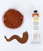 A top down view of the Natural earth paint tube in burn sienna next to a bowl of matching pigment and a paint streak showing the consistency. 