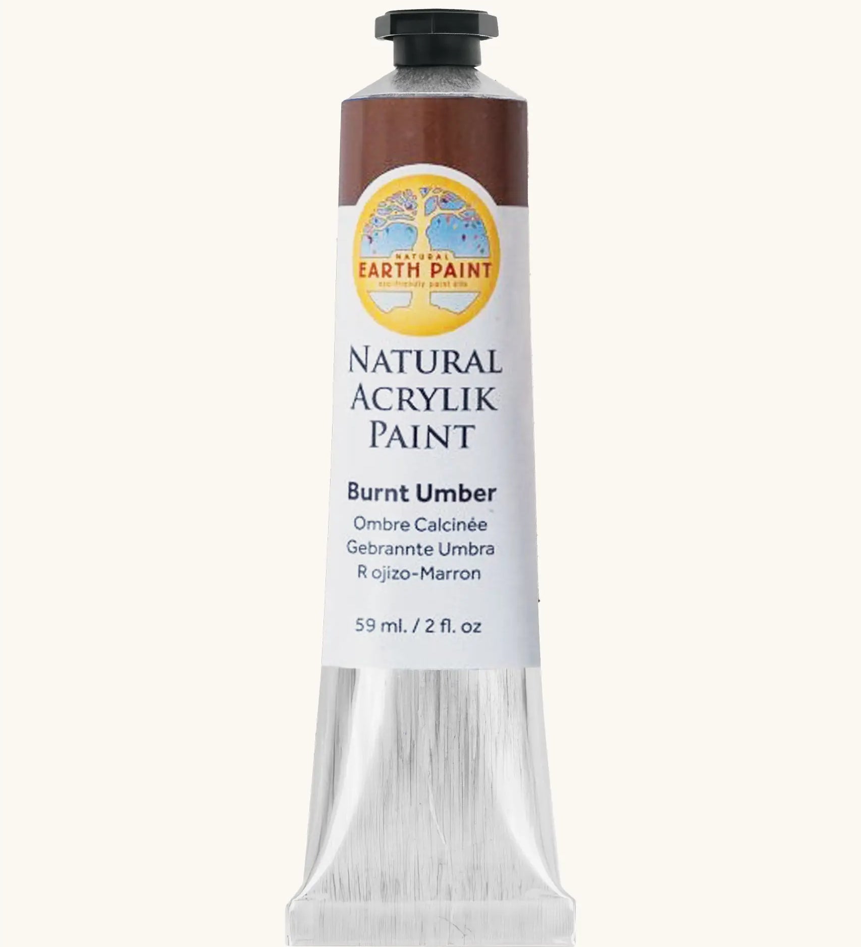 Natural Earth Paint dark brown natural acrylic paint in a 59ml aluminium tube and closed with a black screw cap