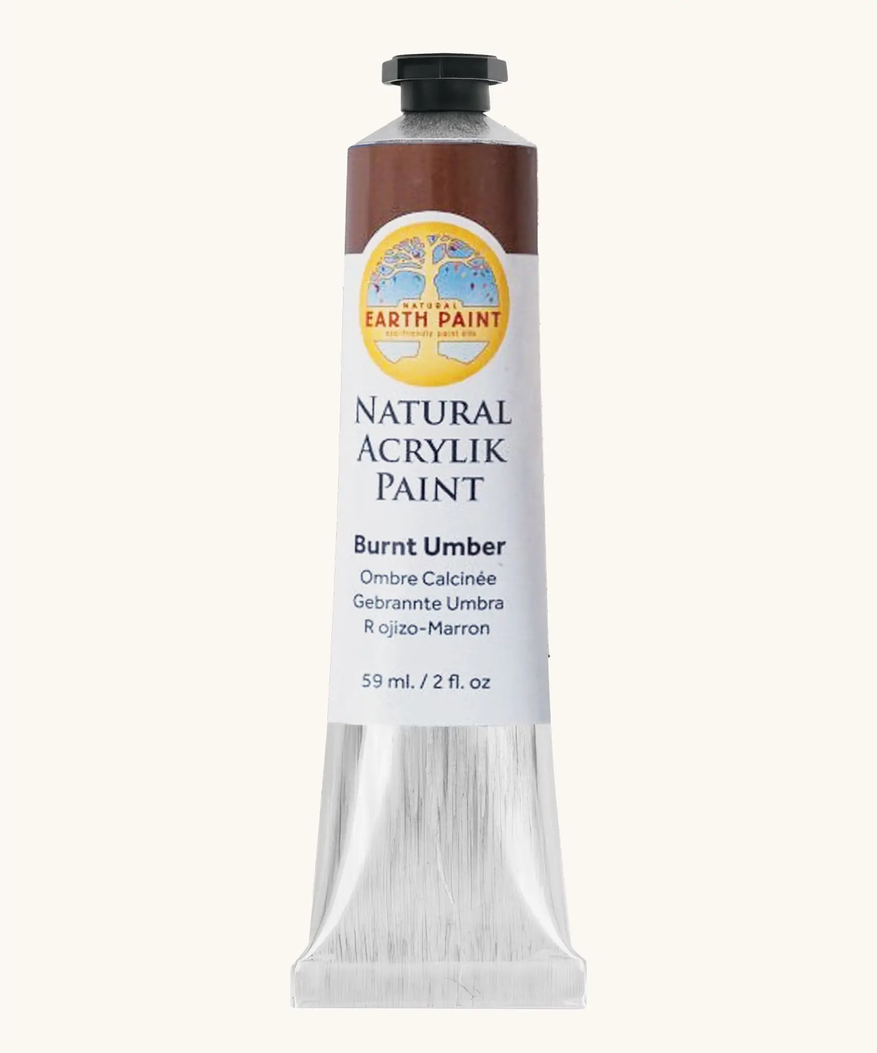 Natural Earth Paint dark brown natural acrylic paint in a 59ml aluminium tube and closed with a black screw cap