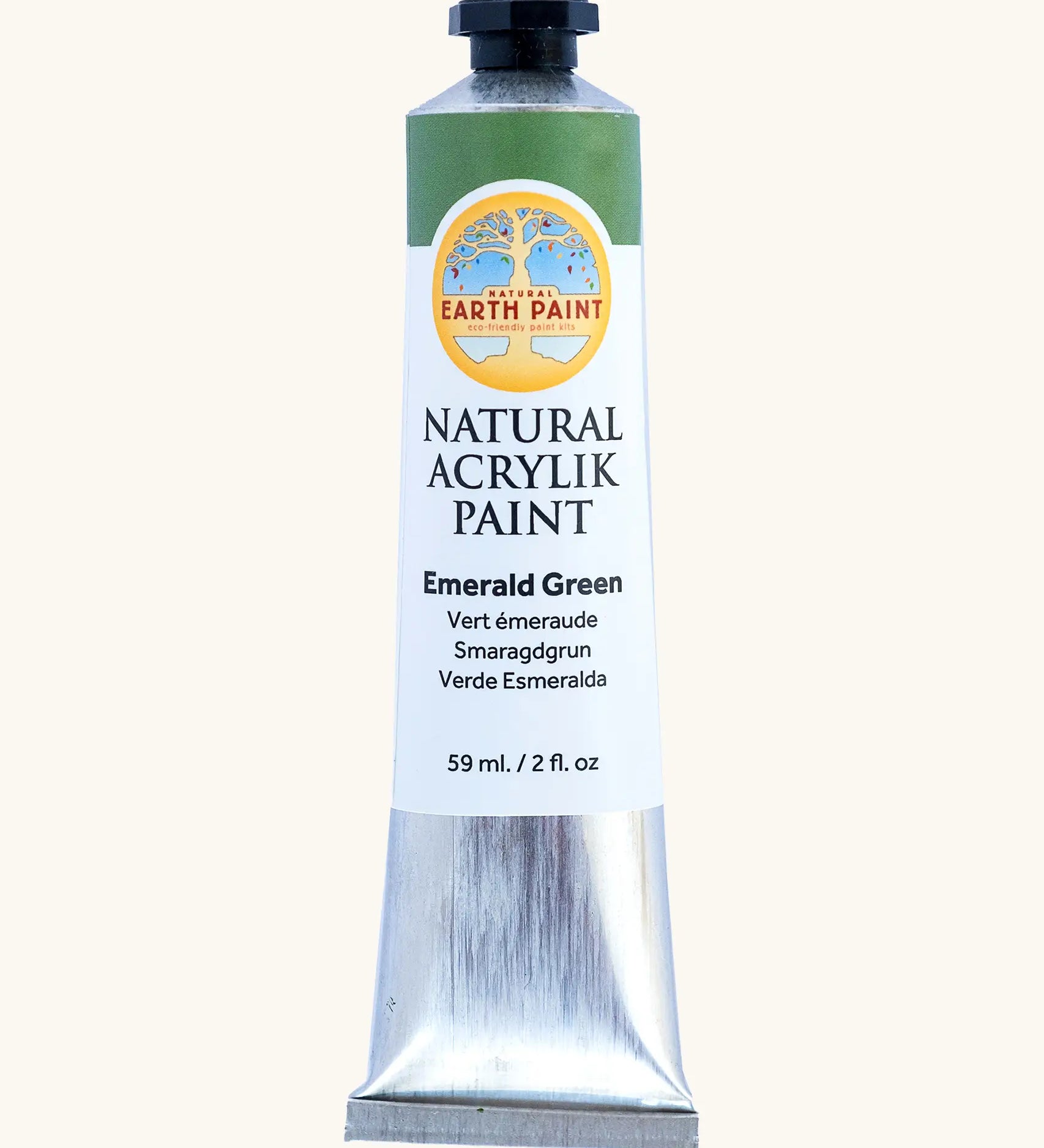 Natural Earth Paint emerald green natural acrylic paint in a 59ml aluminium tube and closed with a black screw cap