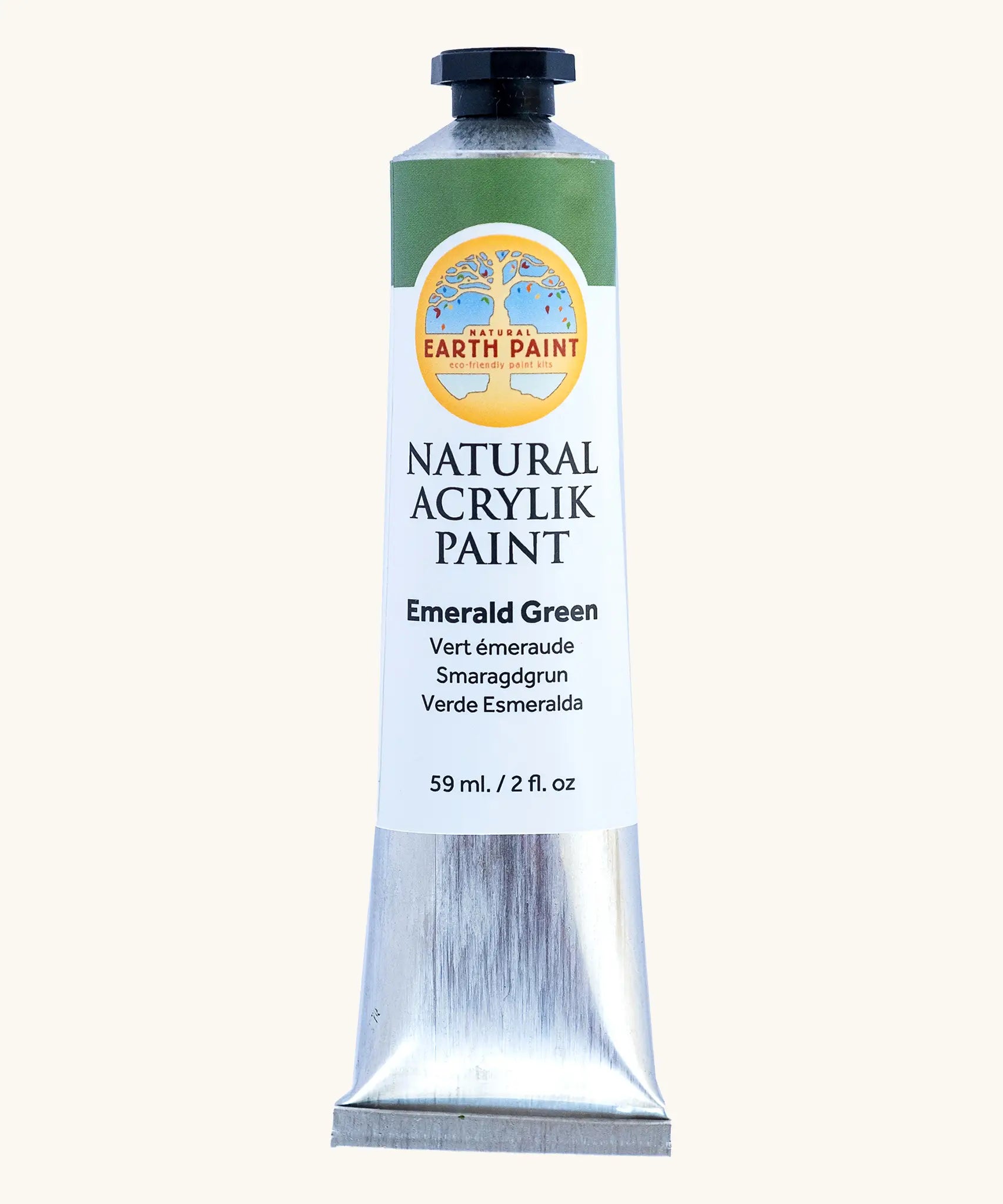 Natural Earth Paint emerald green natural acrylic paint in a 59ml aluminium tube and closed with a black screw cap