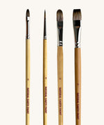 A set of 3 Natural Earth Paint brushes. Features a wooden handle and in sizes 6, 8, 12 and 16. Brand name printed on the side of the brush