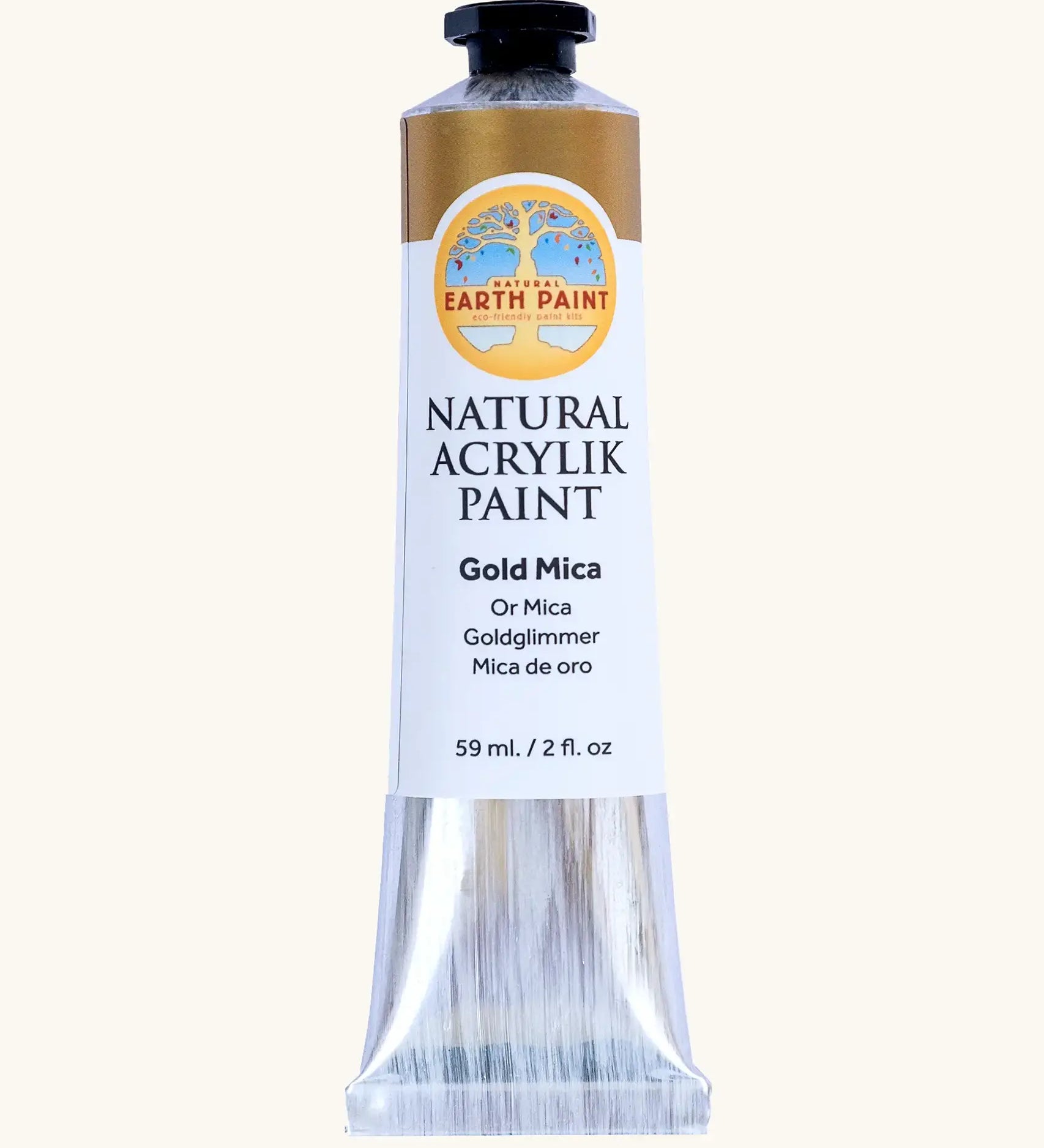 Natural Earth Paint gold mica natural acrylic paint in a 59ml aluminium tube and closed with a black screw cap