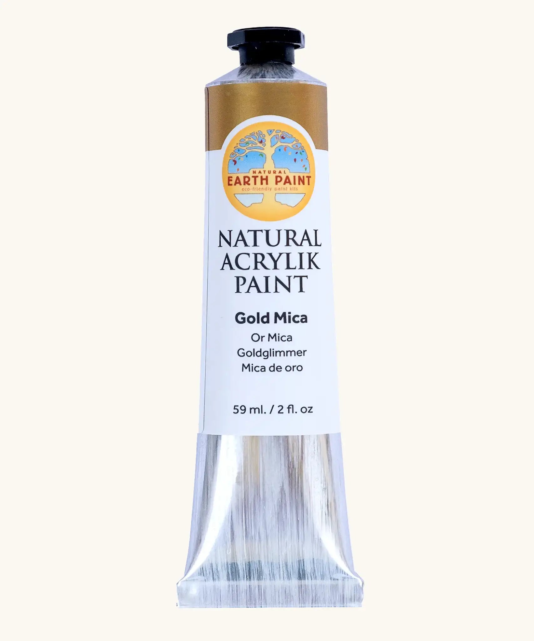 Natural Earth Paint gold mica natural acrylic paint in a 59ml aluminium tube and closed with a black screw cap