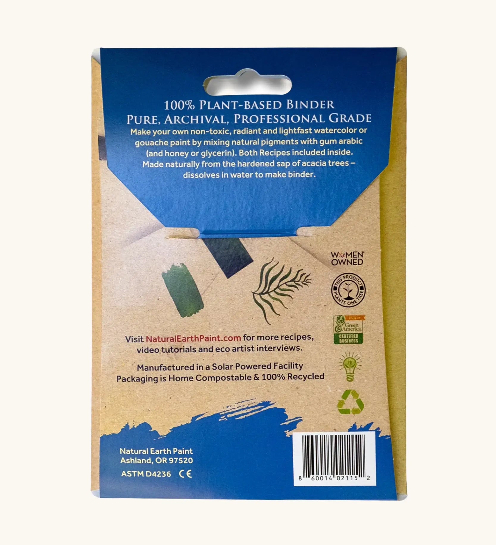 Back of packet of Natural earth paint gum arabic is a plant based binder for making your own watercolour or gouache paint and comes in a 57g packet.