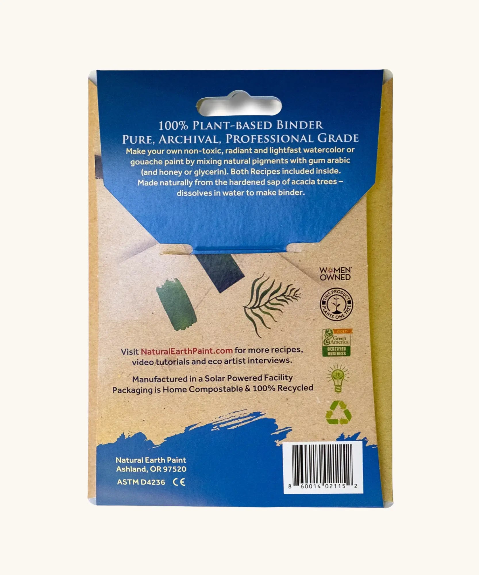 Back of packet of Natural earth paint gum arabic is a plant based binder for making your own watercolour or gouache paint and comes in a 57g packet.