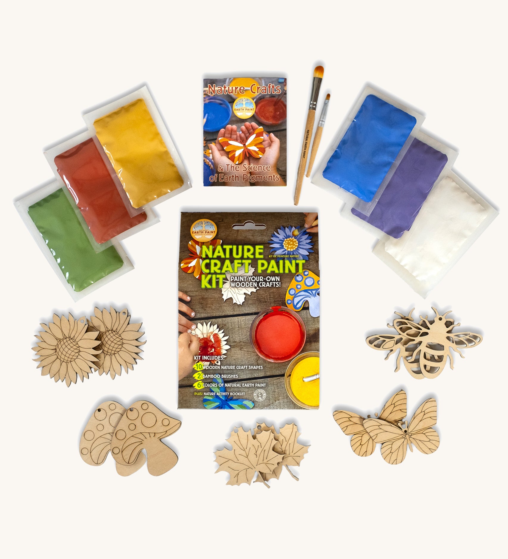 Natural Earth Paint Nature Craft Paint Kit. The contents of the kit are shown around the box and contains wooden shapes, brushes and paint powders.