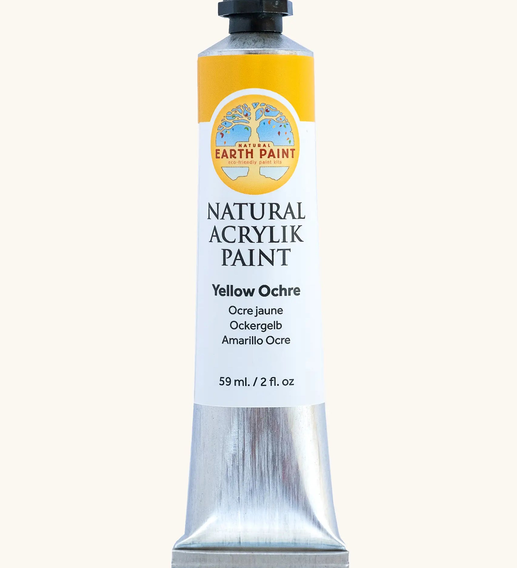 Natural Earth Paint yellow ochre natural acrylic paint in a 59ml aluminium tube and closed with a black screw cap