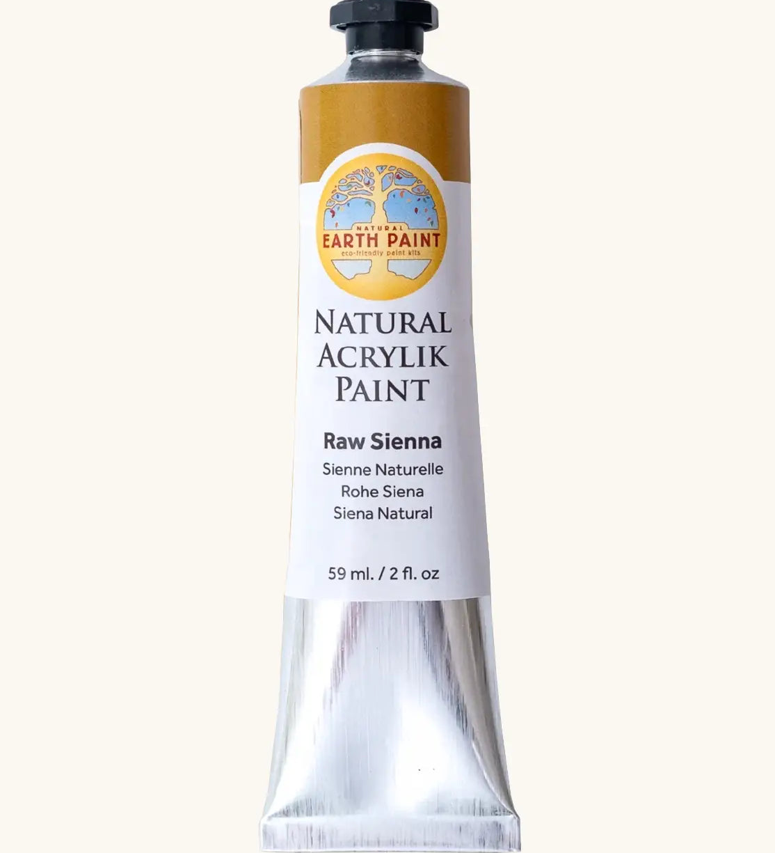 Natural Earth Paint mustard yellow natural acrylic paint in a 59ml aluminium tube and closed with a black screw cap