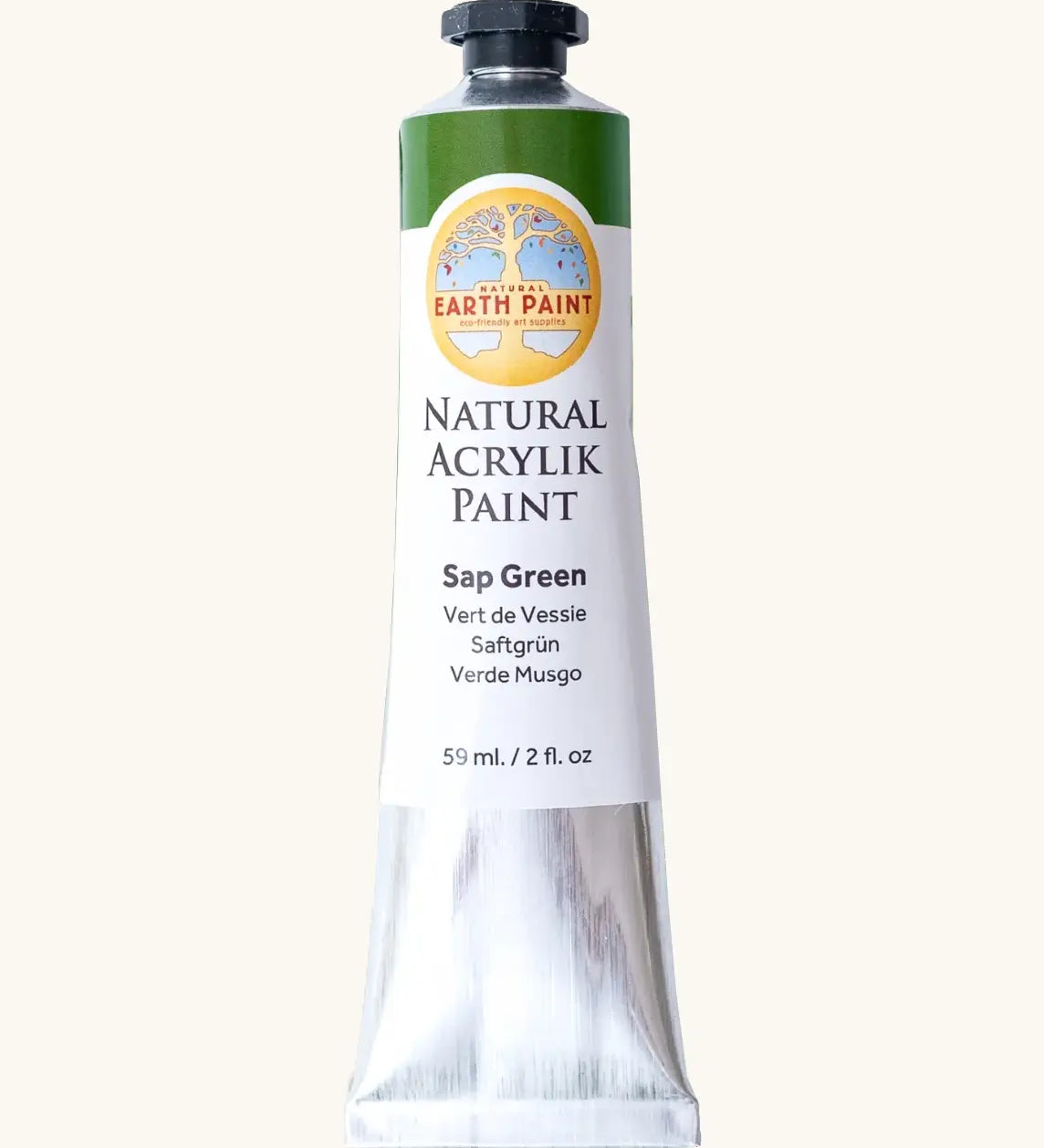 Natural Earth Paint sap green natural acrylic paint in a 59ml aluminium tube and closed with a black screw cap