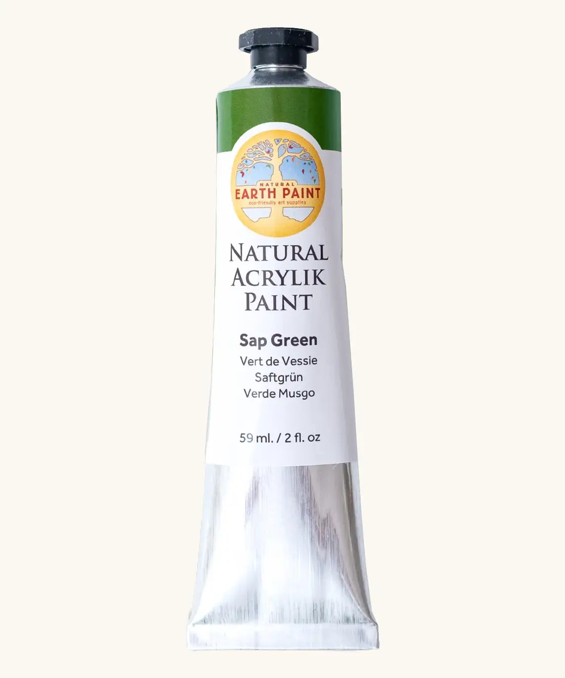 Natural Earth Paint sap green natural acrylic paint in a 59ml aluminium tube and closed with a black screw cap