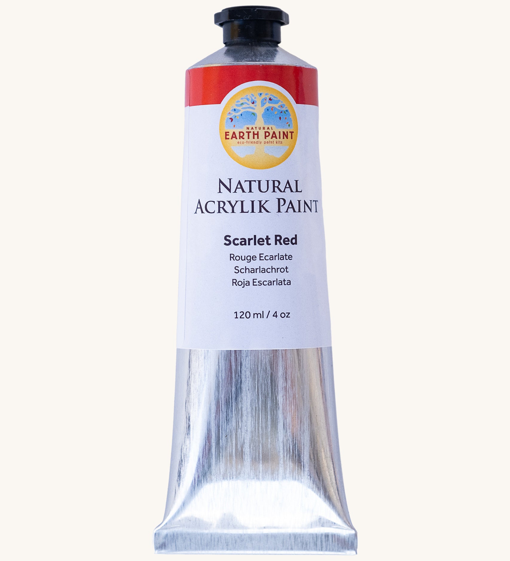 Natural Earth Paint scarlet red acrylic paint in a 120ml aluminium tube. Features a black screw cap