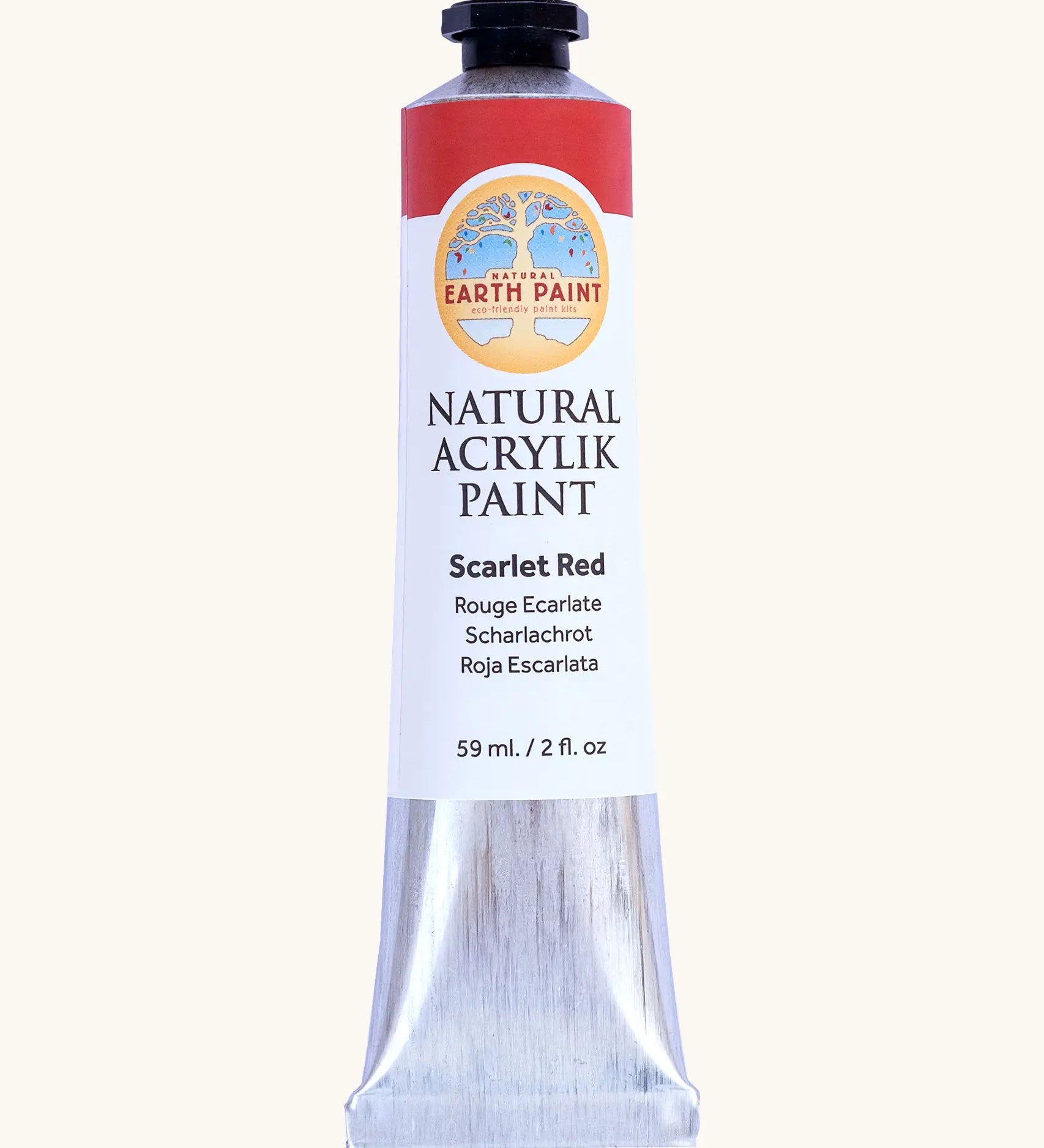 Natural Earth Paint scarlet red natural acrylic paint in a 59ml aluminium tube and closed with a black screw cap