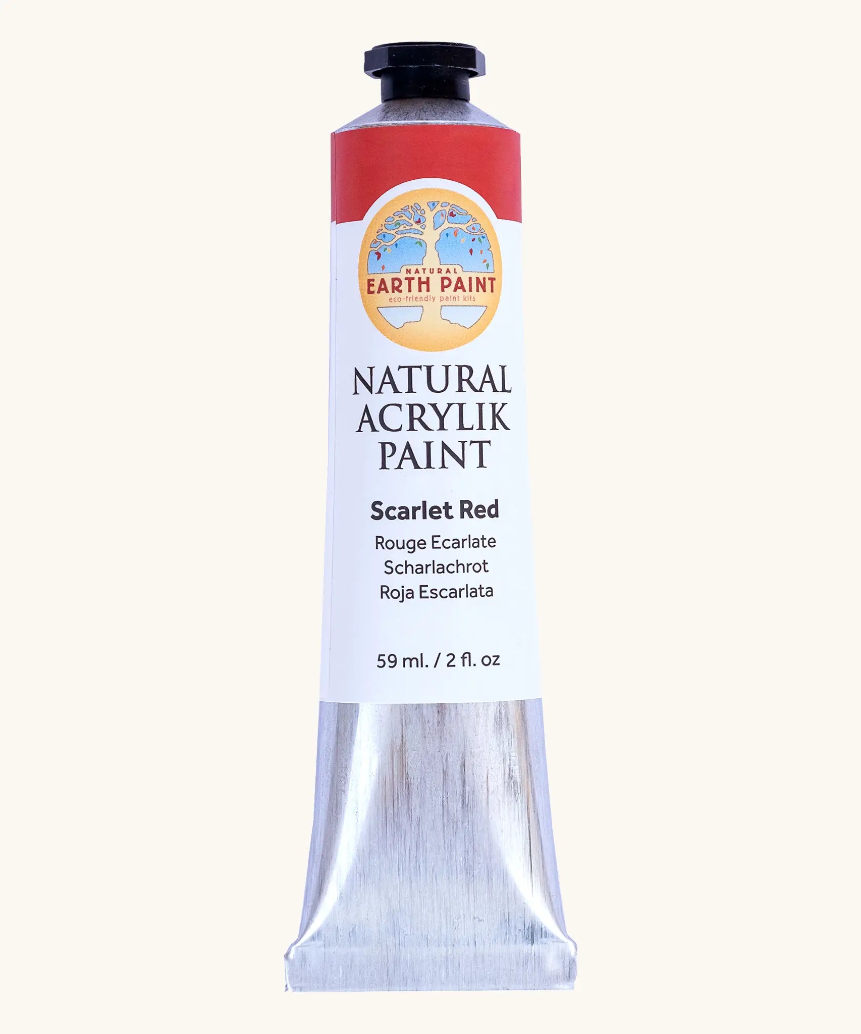 Natural Earth Paint scarlet red natural acrylic paint in a 59ml aluminium tube and closed with a black screw cap