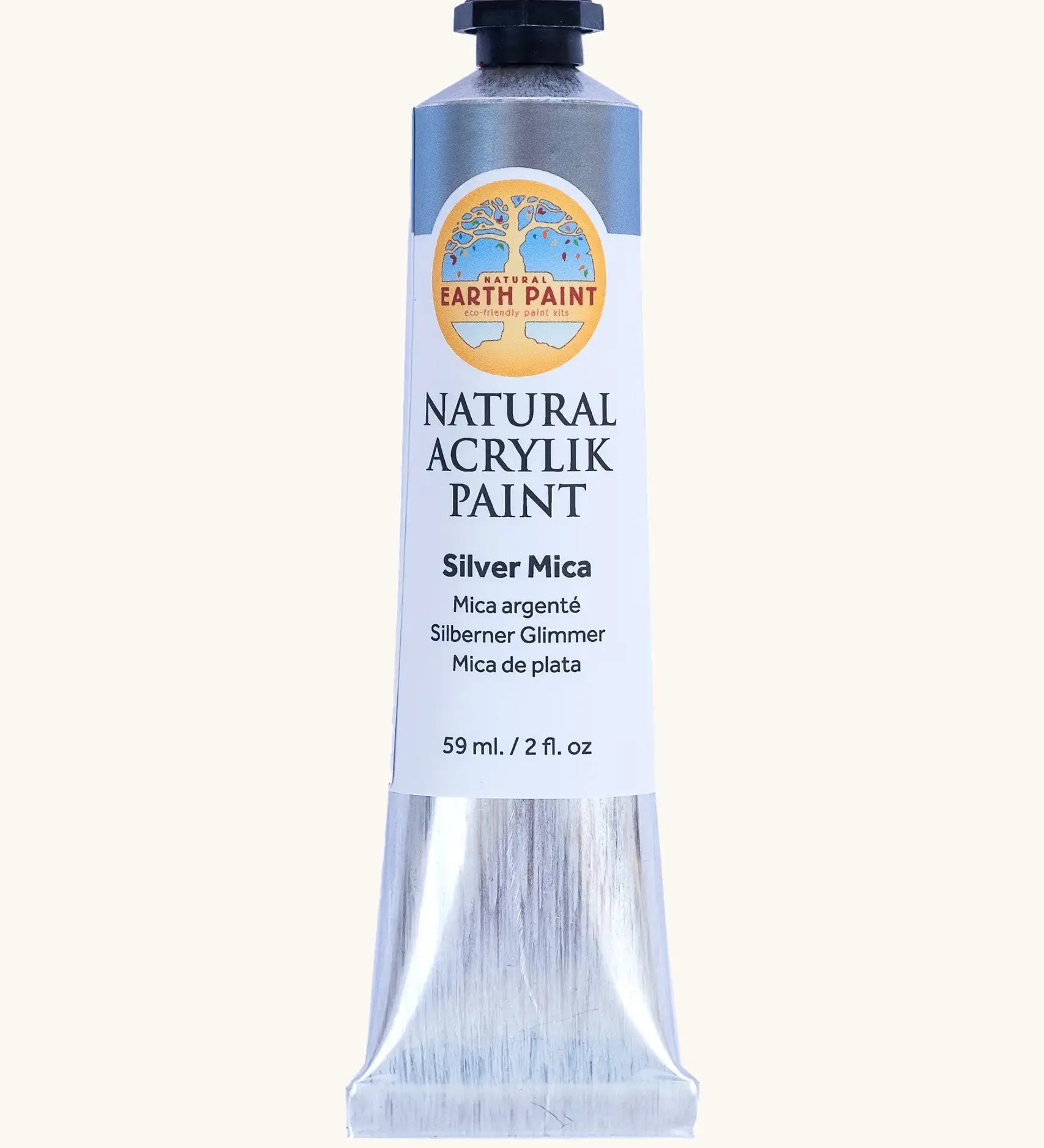 Natural Earth Paint silver mica natural acrylic paint in a 59ml aluminium tube and closed with a black screw cap