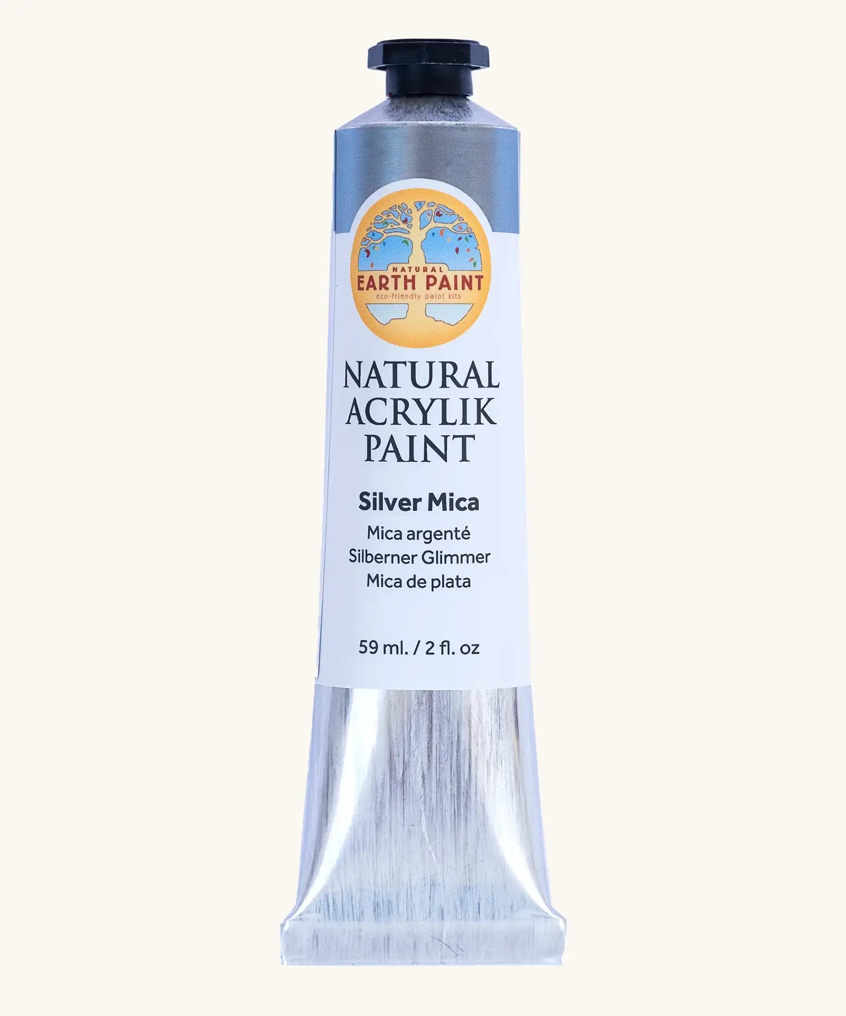 Natural Earth Paint silver mica natural acrylic paint in a 59ml aluminium tube and closed with a black screw cap