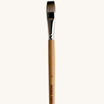 A close up view of the size 16 Natural Earth paint brush showing the wooden handle and brand name printed on the side