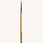 A close up view of the size 8 Natural Earth paint brush showing the wooden handle and brand name printed on the side