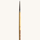 A close up view of the size 8 Natural Earth paint brush showing the wooden handle and brand name printed on the side