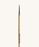 A close up view of the size 8 Natural Earth paint brush showing the wooden handle and brand name printed on the side
