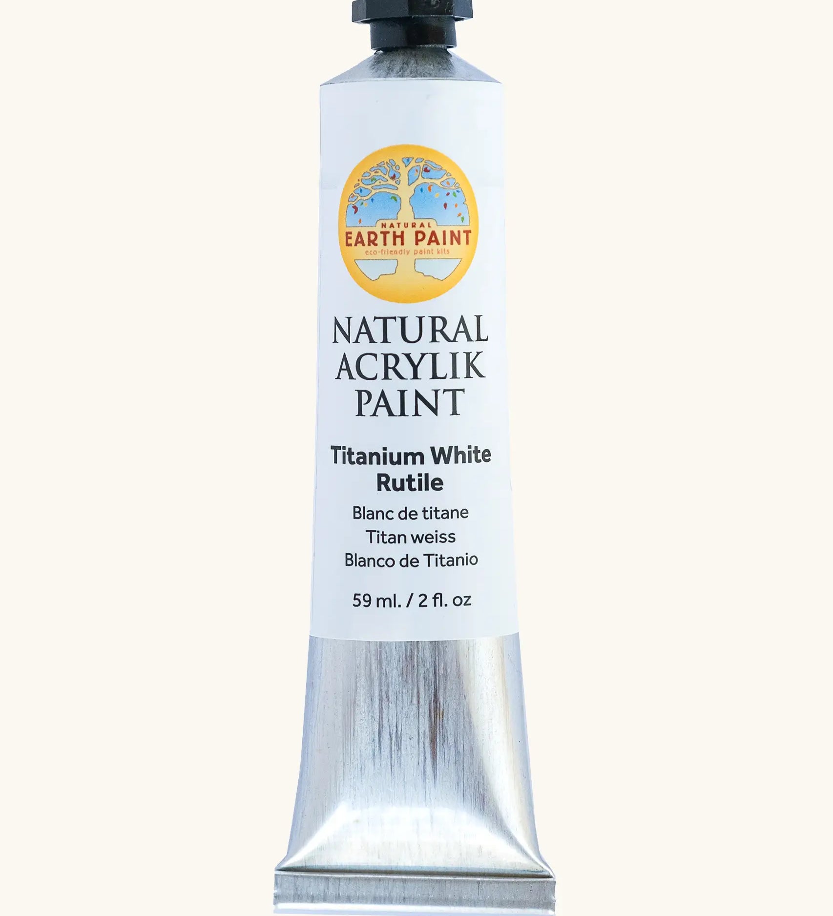 Natural Earth Paint titanium white natural acrylic paint in a 59ml aluminium tube and closed with a black screw cap