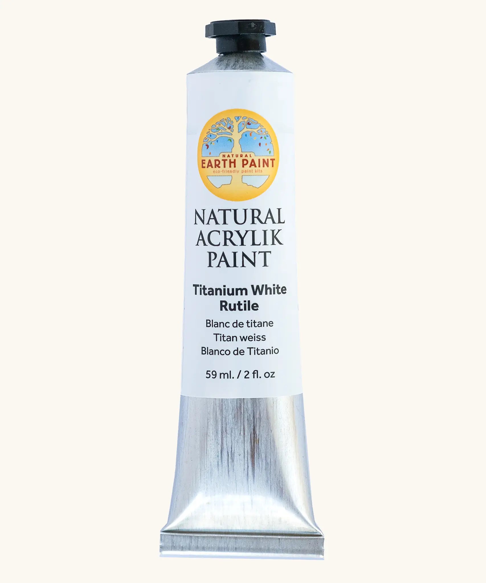 Natural Earth Paint titanium white natural acrylic paint in a 59ml aluminium tube and closed with a black screw cap