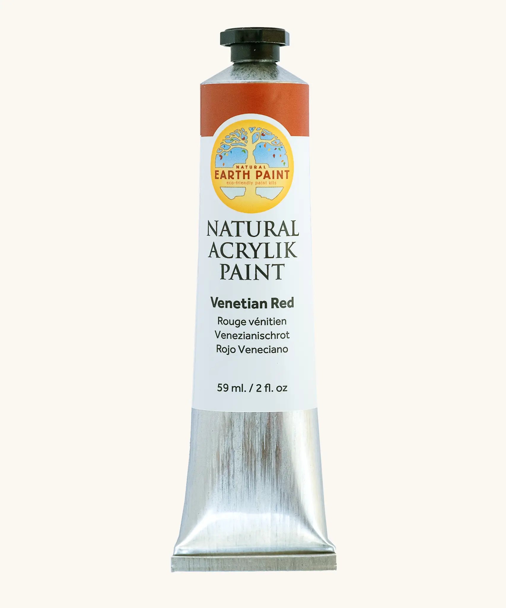 Natural Earth Paint Venetian red natural acrylic paint in a 59ml aluminium tube and closed with a black screw cap