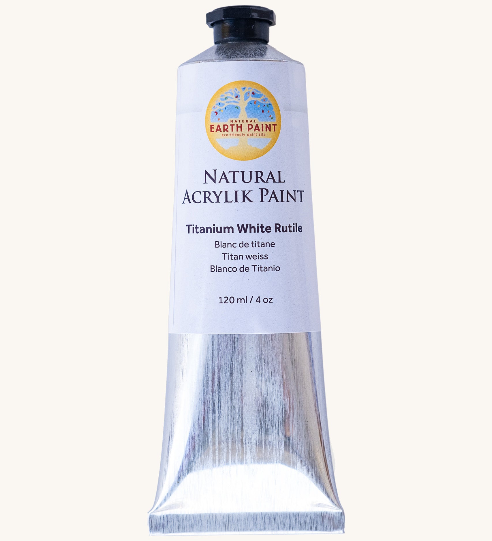 Natural Earth Paint titanium white acrylic paint in a 120ml aluminium tube. Features a black screw cap
