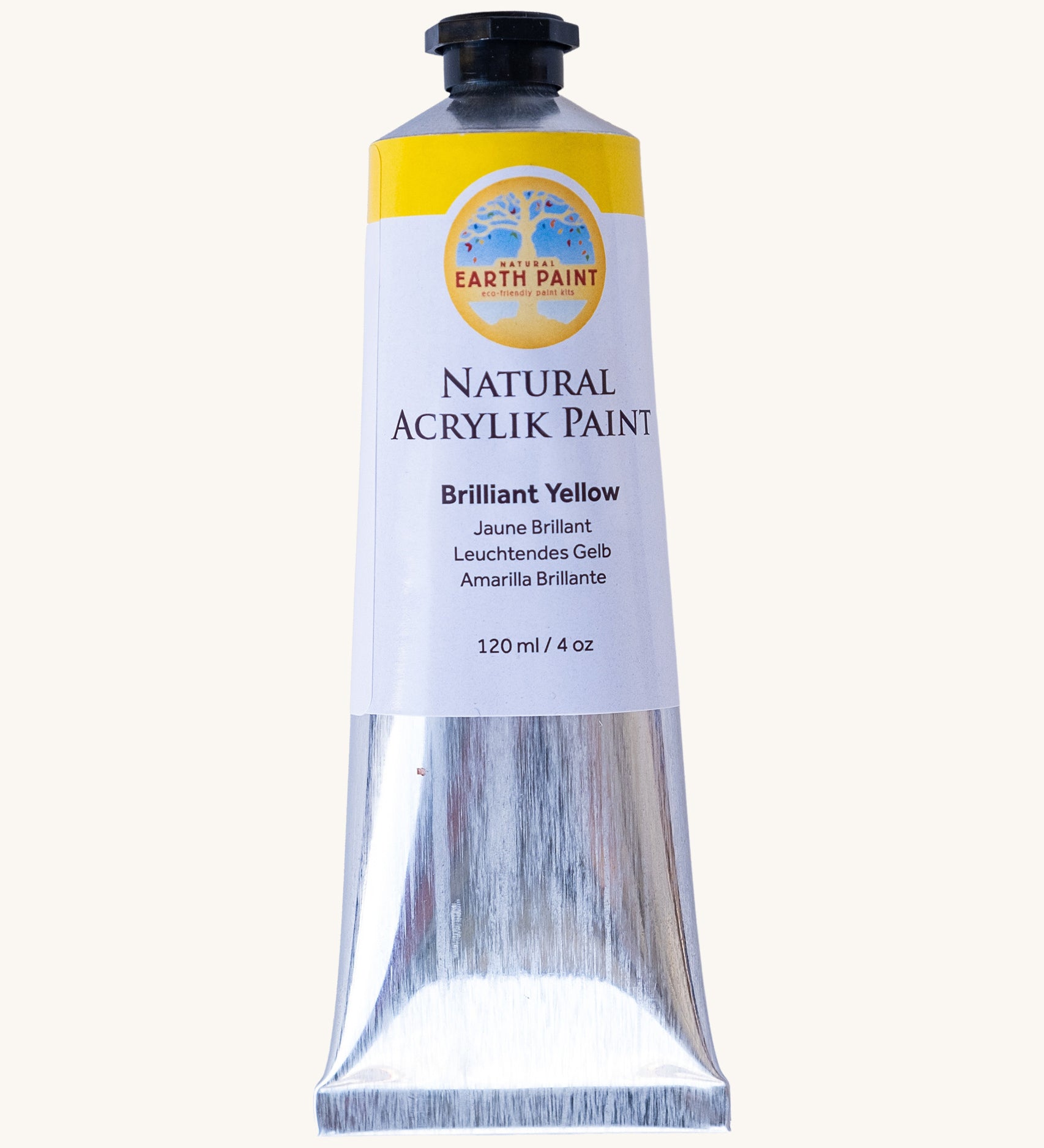 Natural Earth Paint brilliant yellow acrylic paint in a 120ml aluminium tube. Features a black screw cap