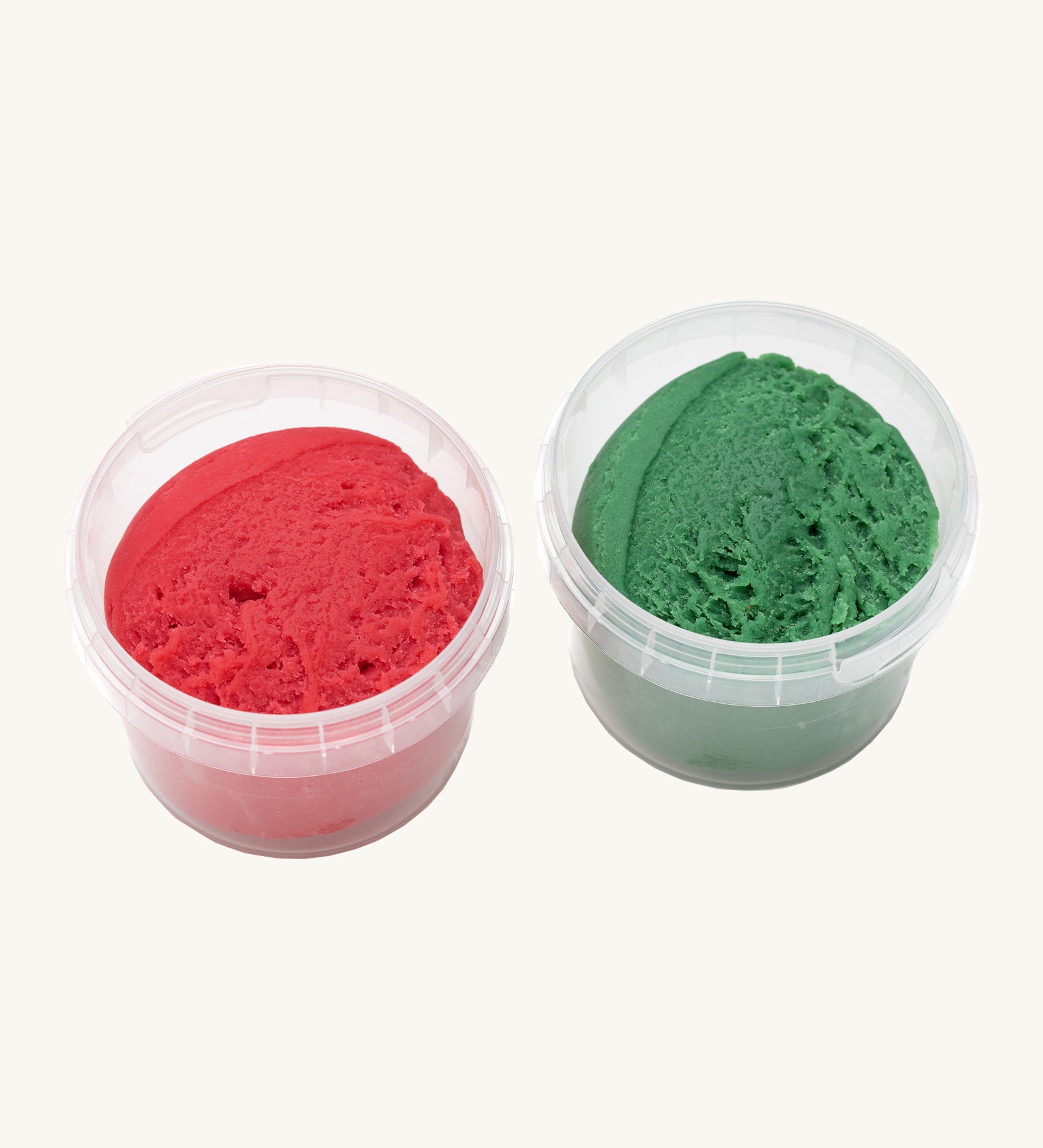 A top down view of the Neogrun 2 pack organic play dough. Showing the consistency of the 2 coloured play dough inside the plastic tubs