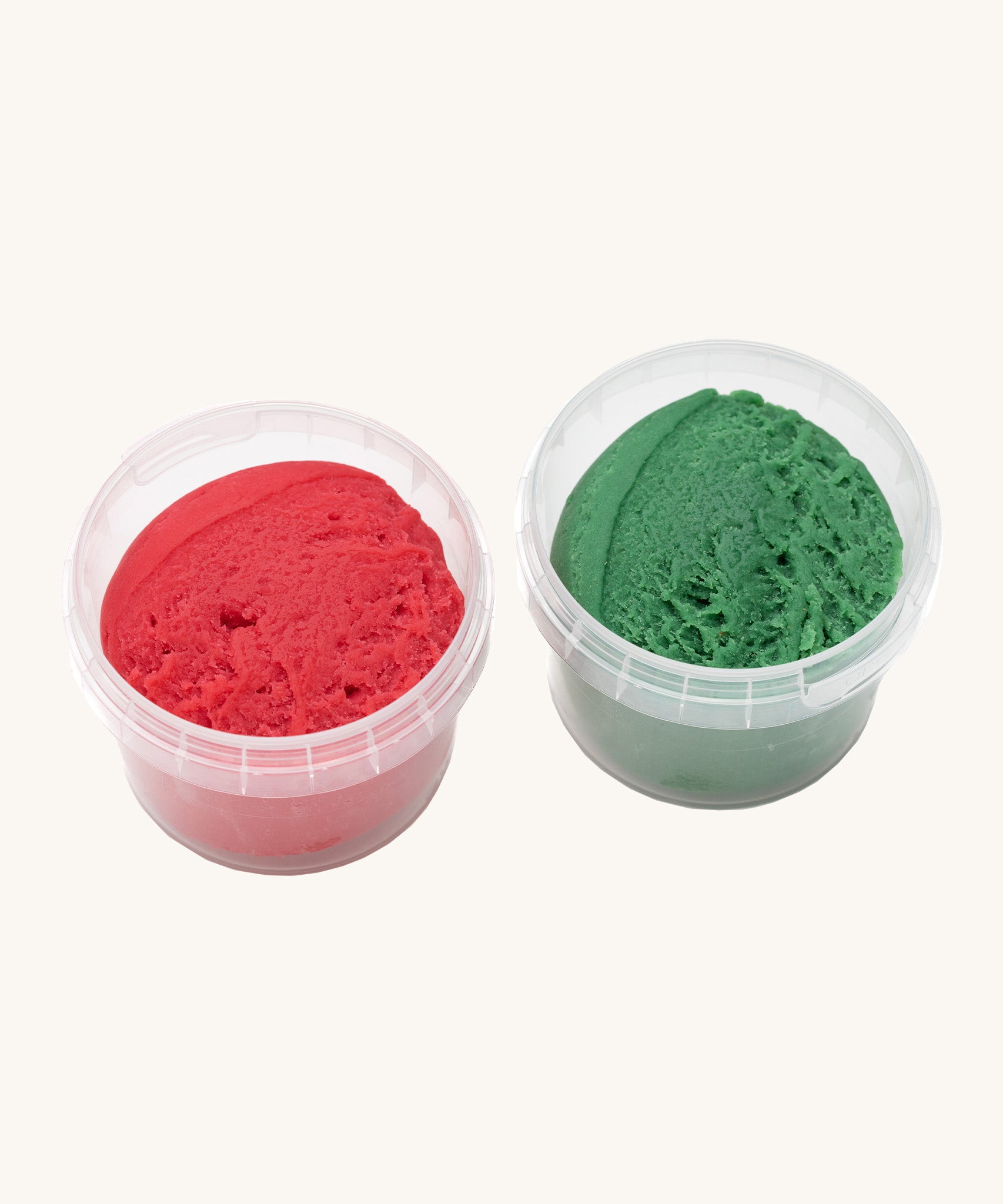 A top down view of the Neogrun 2 pack organic play dough. Showing the consistency of the 2 coloured play dough inside the plastic tubs