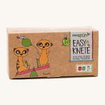 A close up of the cardboard box for the Neogrun modelling clay 2 pack showing the 2 playful meerkats on a see-saw. 