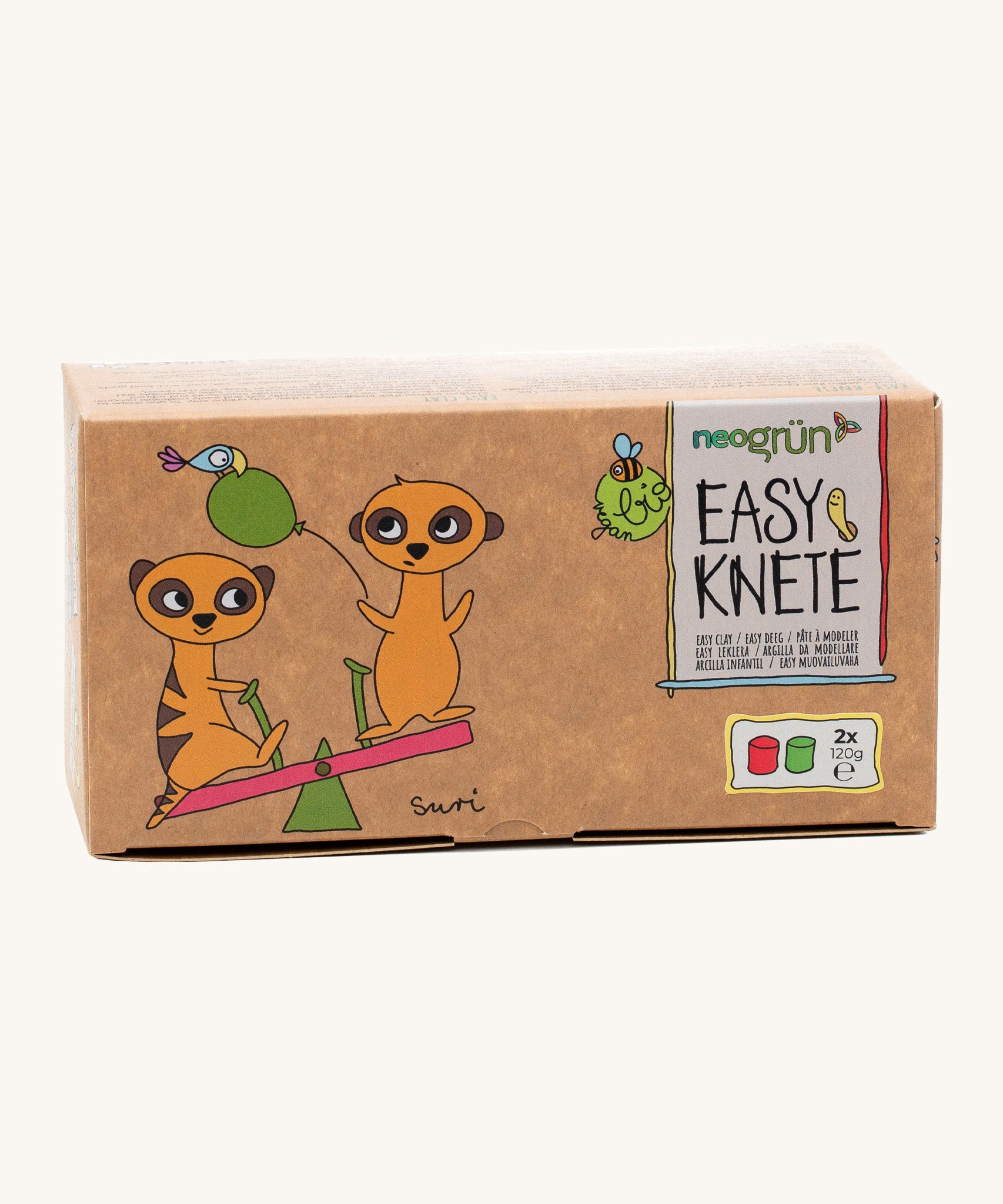 A close up of the cardboard box for the Neogrun modelling clay 2 pack showing the 2 playful meerkats on a see-saw. 